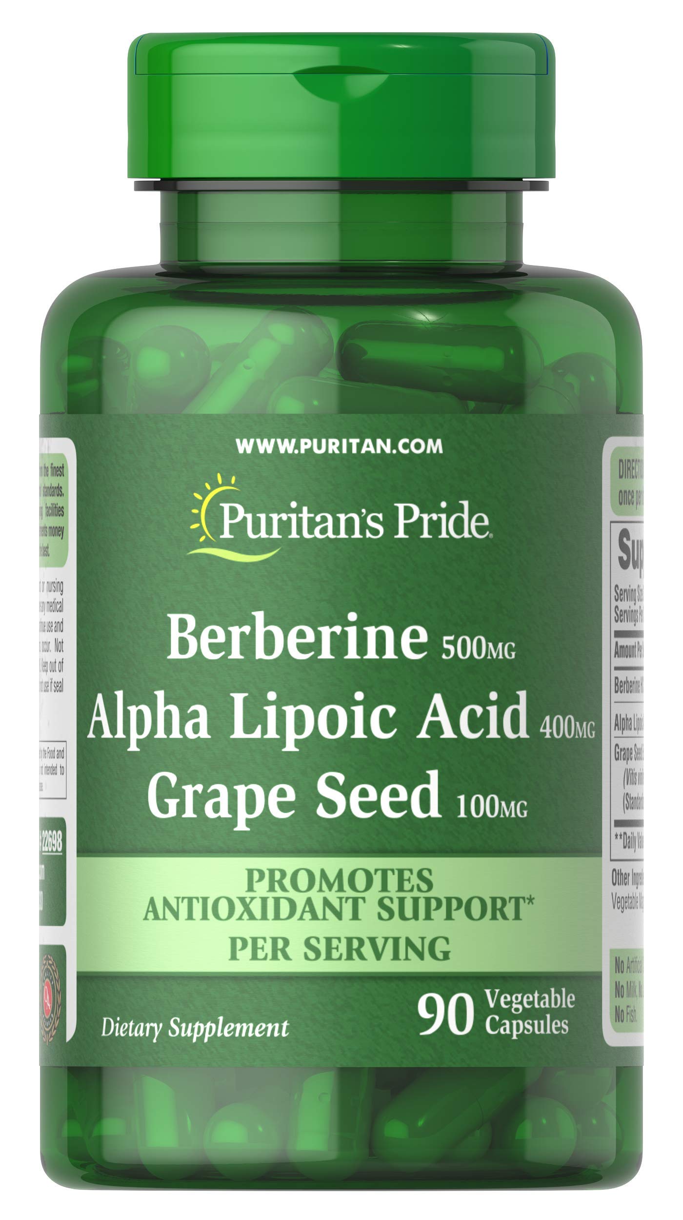 Puritan's Pride Berberine, Alpha Lipoic Acid & Grape Seed, Promotes Antioxidant Support, 90 Vegetable Capsules - Medaid International