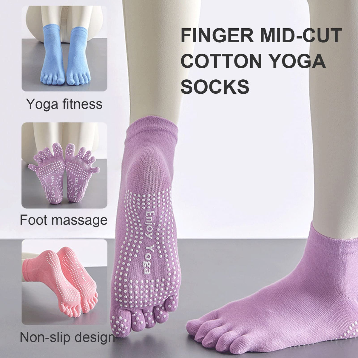 KASTWAVE 3 Pairs Non-Slip Yoga Socks with Grips, Pilates Socks for Women Cotton Dance Barre Ballet Socks, Ladies Five Toe Socks Grip Socks for Home Workout Gym Sports Non-Slip Yoga Socks for Workouts