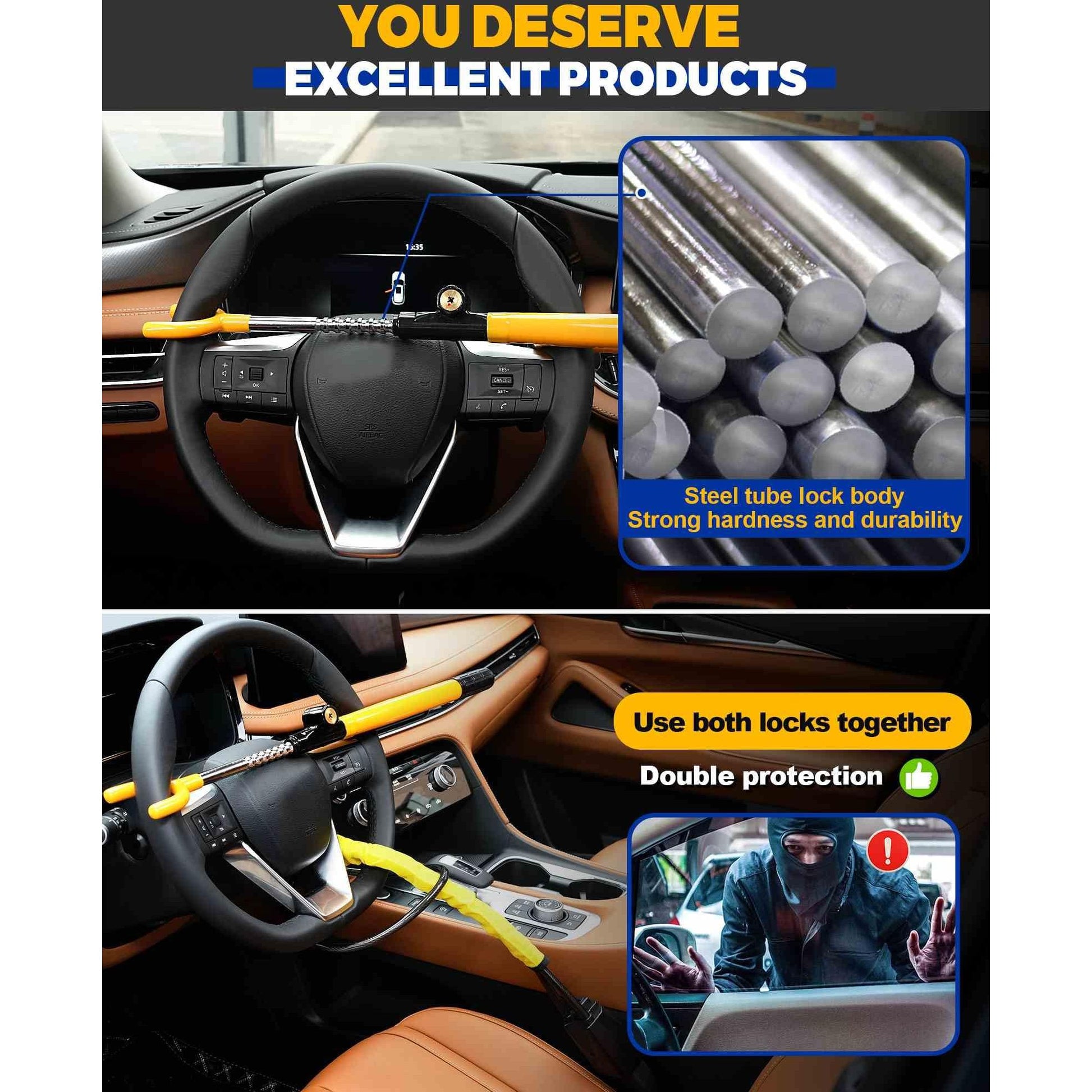 Tevlaphee Steering Wheel Lock - Anti Theft Device with Adjustable Car Wheel Lock, 3 Keys (Yellow) - Medaid International