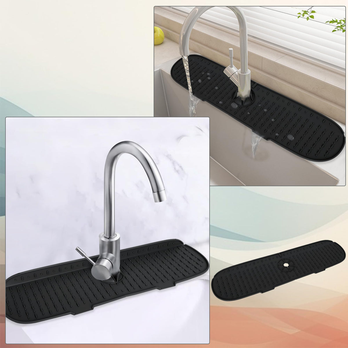 KASTWAVE Silicone Faucet Mat, Sink Splash Guard, Bathroom Faucet Water Catcher Mat, Water Catcher Mat for Kitchen & Bathroom Countertop Protect, Keep Drying Kitchen Accessories (Black)