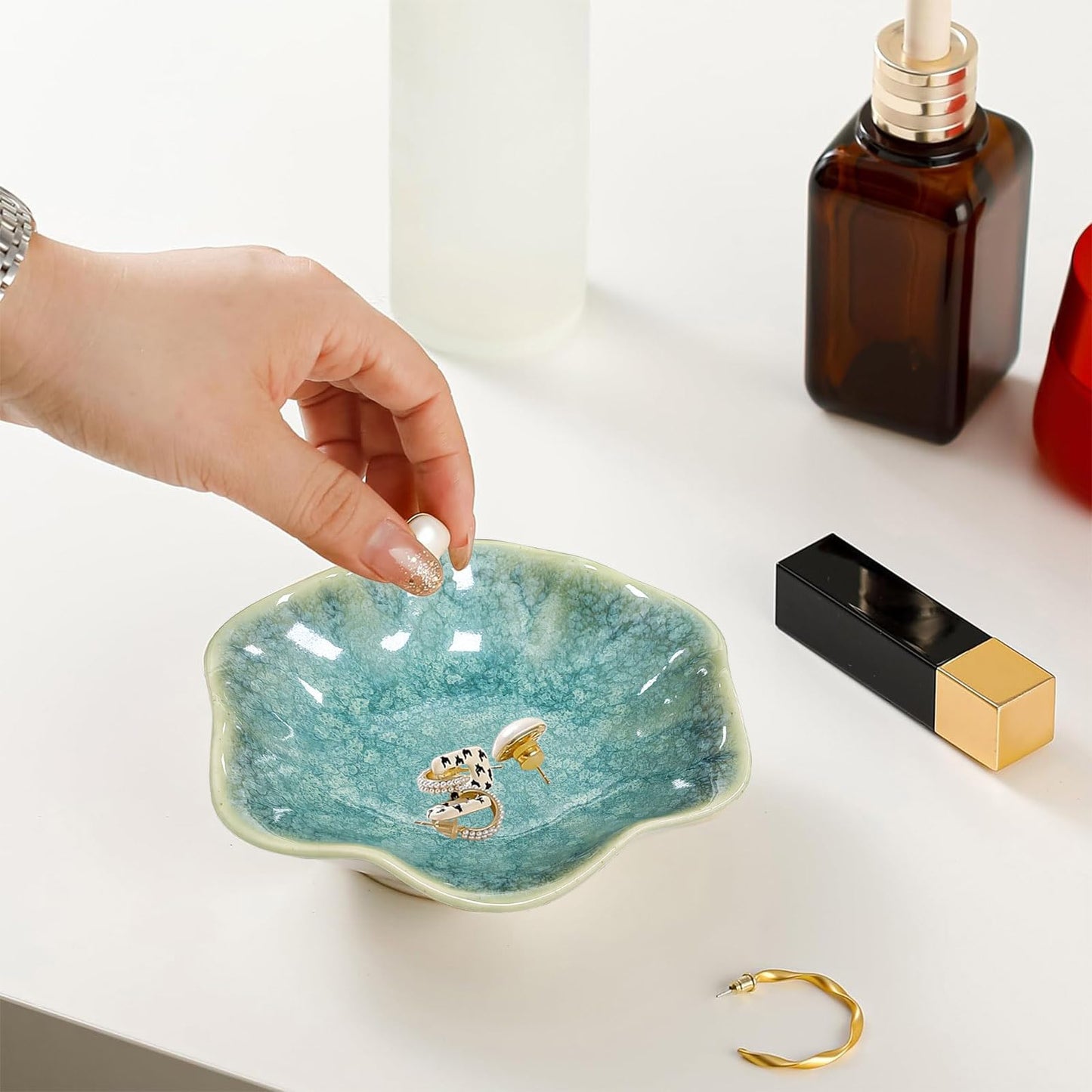 Ceramic Jewelry Dish,Leaf Jewelry Tray Key Tray,Jewelry Holder,Small Ring Dish Holder Jewelry Plate Trinket Dish Catchall Tray Nightstand Decor For Entryway Table Green Room Decor（Crystal Green） - Medaid International