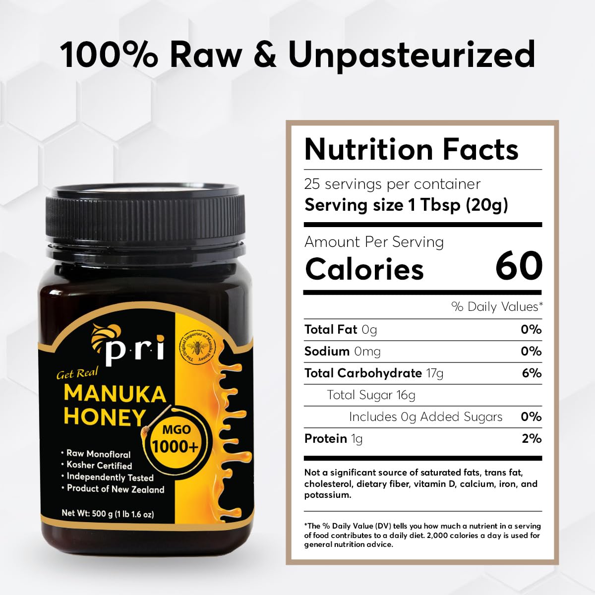 P.R.I Manuka Honey MGO 1000+, 1.1LB High Strength - Raw Manuka Honey (500g Jar) - Medaid International