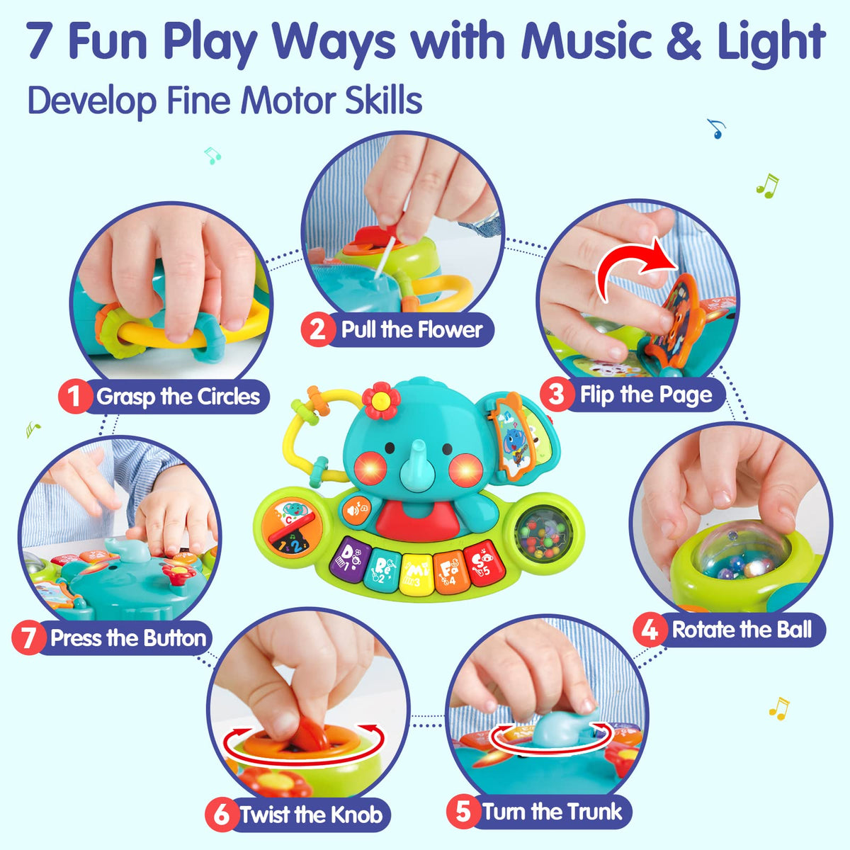 Hola 2-in-1 Musical Elephant Keyboard Interactive Baby Toy with 7 Play Activities, Light-Up Buttons, Piano, Nursery Rhymes, and Sensory Development Features for Motor and Cognitive Skills 6M+