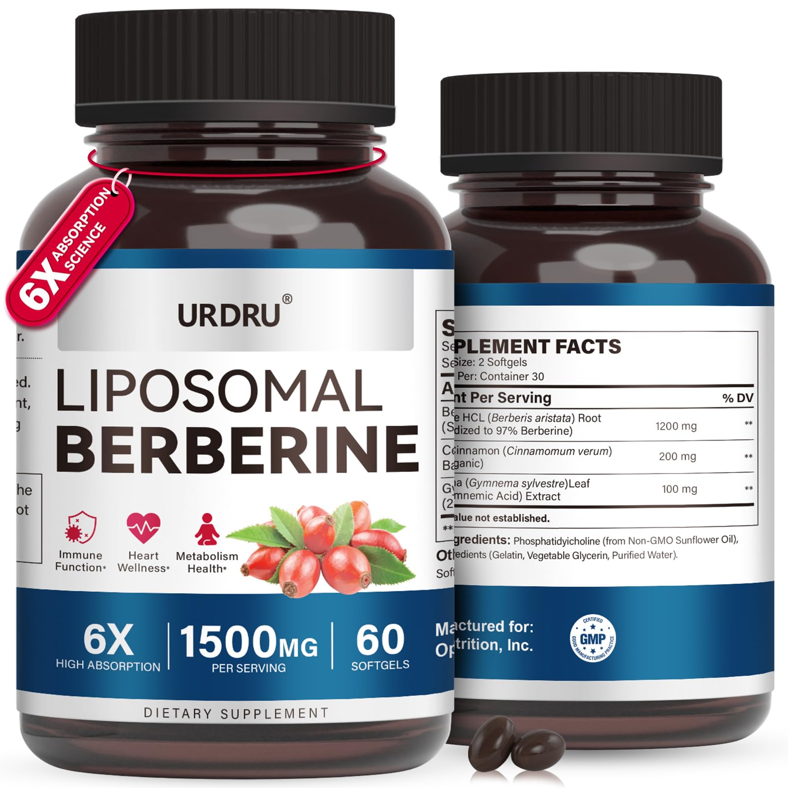 URDRU Berberine HCL Supplement 1500mg - with Ceylon Cinnamon & Gymnema, High Bioavailability Liposomal Berberine Capsules for Women and Men, AMPK Activator - Medaid International