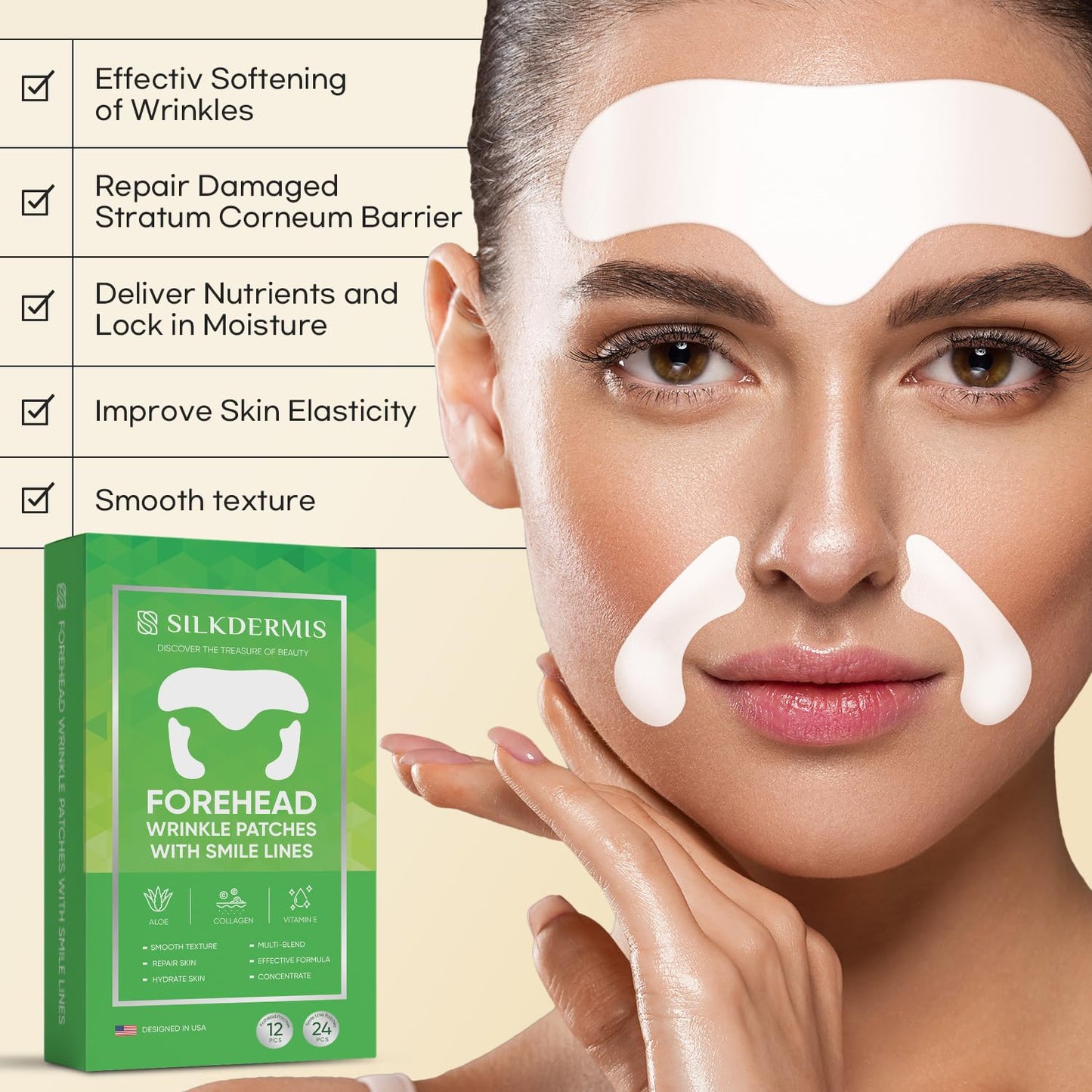 SILKDERMIS Forehead Wrinkle Patches 12Pcs with Smile Line Patches 24Pcs with Aloe, Collagen, Vitamin E, Forehead Wrinkles Treatment and Smile Lines Treatment - Medaid International