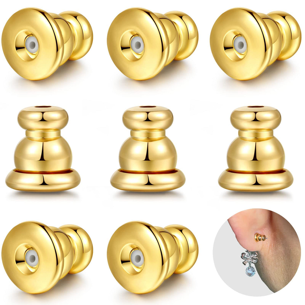 TERRIFI Locking Earring Backs for Studs, Hypoallergenic 18k Gold Bullet Earring Backs Replacements for Studs/Droopy Ears, Secure Locking Backing for Sensitive Ears (Gold 4pairs)