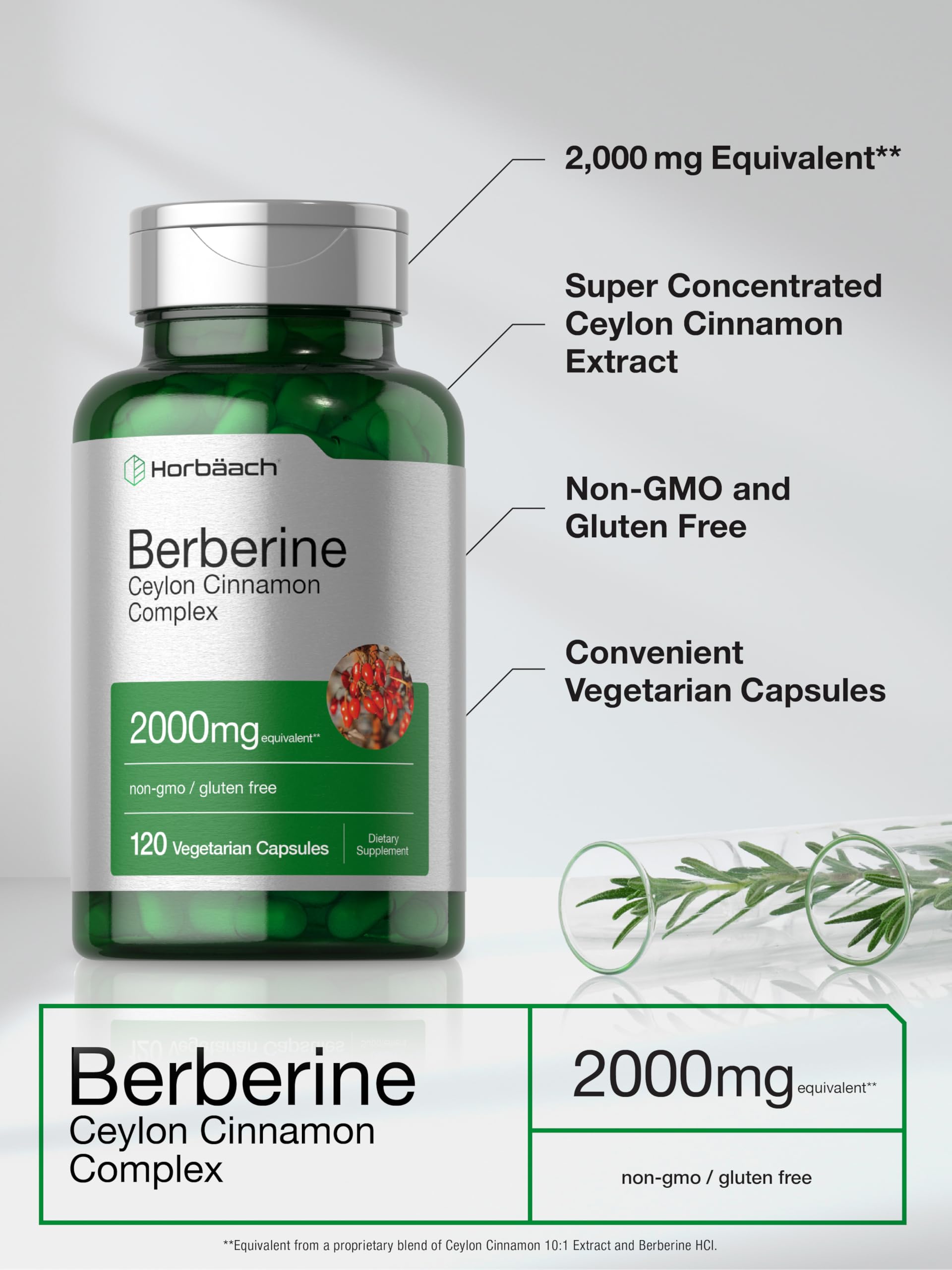 Horbäach Berberine with Ceylon Cinnamon | 2000mg | 120 Veggie Capsules | Vegetarian, Non-GMO & Gluten Free Supplement | Berberine Complex - Medaid International