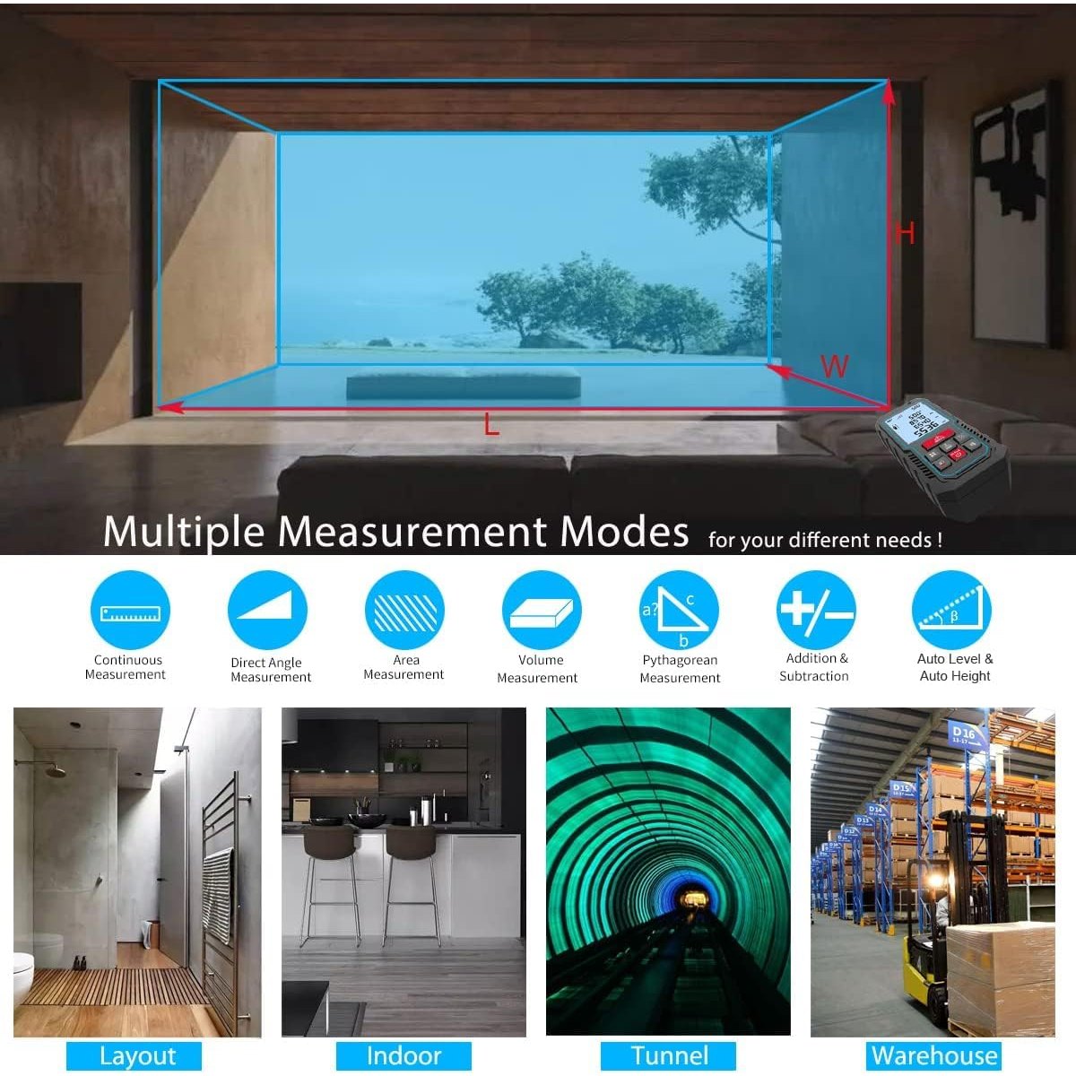 Laser Measure Device, MiLESEEY 393ft Digital Laser Tape Measure with Upgrade Electronic Angle Sensor, 2mm Accuracy, Area Measurement,Volume and Pythagoras, 2" LCD Backlit,Mute, Battery Included - Medaid International