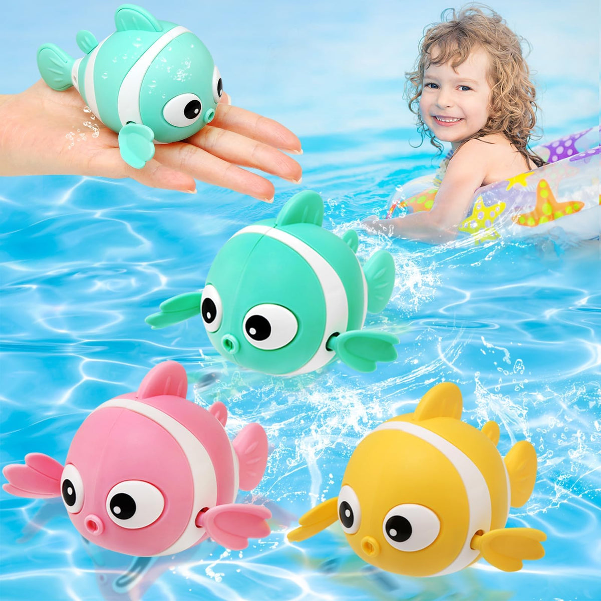 TERRIFI Baby Bath Toys, Wind-Up Paddling Pool Toys for 1-3 Year Olds, Floating Swimming Clownfish, Clockwork Water Toys Game for Kids, Toddler Girls and Boys, Bath Time Shower Gifts