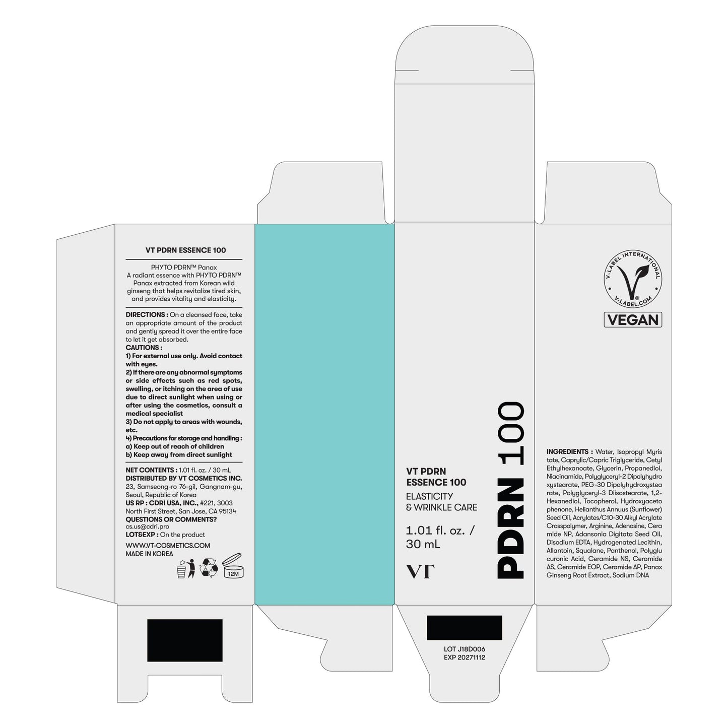 VT COSMETICS PDRN 100 Essence, Intensive Glow Serum, 100,000ppm Vegan PDRN, Skin Restoration & Plumping, Hydrating & Moisturizing, Firming, Fine Lines, Korean Skincare 1.01 fl. Oz. - Medaid International