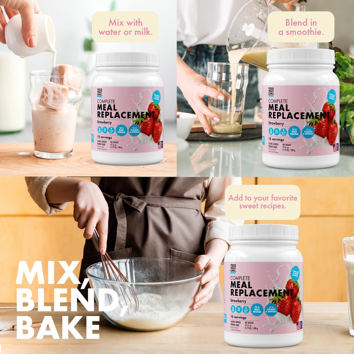 Yes You Can! Meal Replacement Shake - 20G Protein, 5G Fiber, 21 Vitamins & Minerals - Meal Replacement Protein Powder - Complete All-in-One Nutrition - 15 Servings (Strawberry) - Medaid International