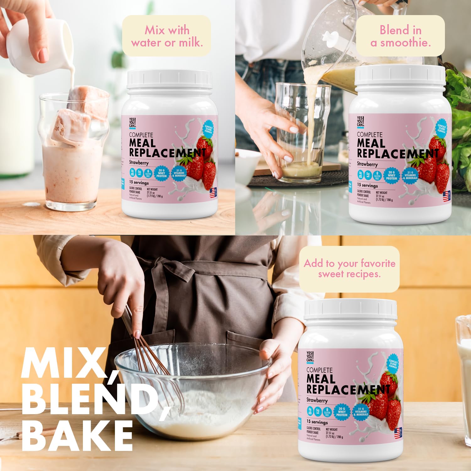 Yes You Can! Meal Replacement Shake - 20G Protein, 5G Fiber, 21 Vitamins & Minerals - Meal Replacement Protein Powder - Complete All-in-One Nutrition - 15 Servings (Strawberry) - Medaid International