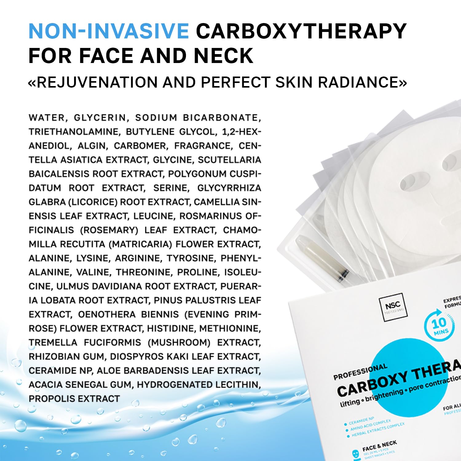 Name Skin Care Korean Carboxy CO2 Therapy Face & Neck Mask Set of 2 - Hydrating Oxygen Carboxytherapy Skincare Sheet Masks - Moisturizing Anti Aging Pore Tightening Brightening Facial Treatment Gel - Medaid International