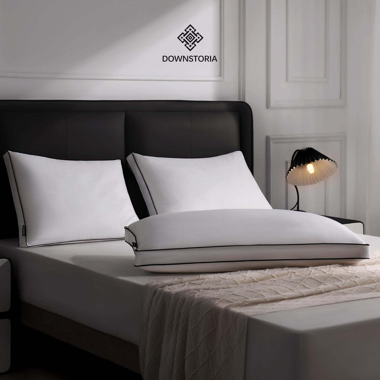DOWNSTORIA Feather Down Pillows Queen Size Set of 2 with Gusset, Luxury Hotel Collection Bed Pillow 2 Pack, Down Surrounded Gusseted Pillows for Sleeping, Soft Fluffy for Side, Back Sleepers 20x30 in. - Medaid International
