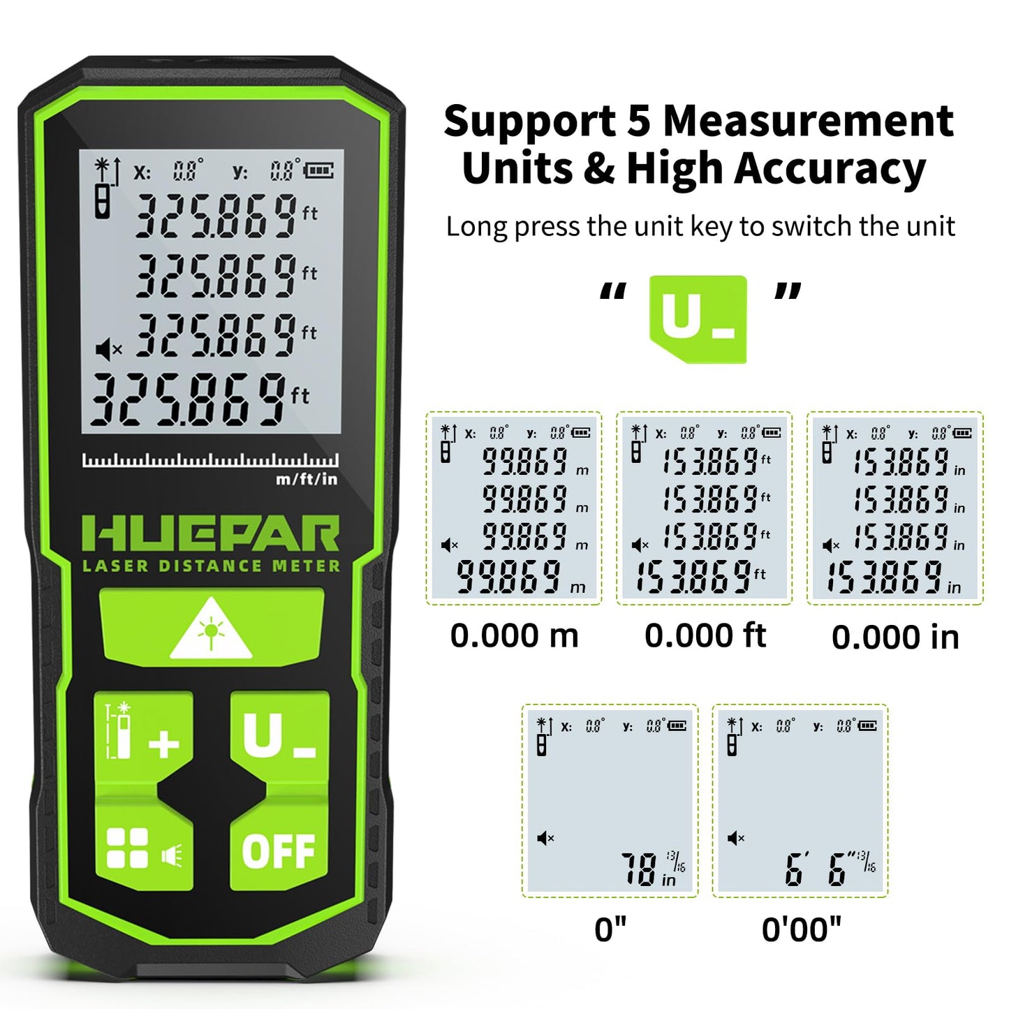 Huepar 330FT Green Laser Measuring Tool with Angle Sensor, ±1/16in (±1.5MM) Accuracy, Rechargeable Digital Laser Room Measuring Device, Laser Distance Measurement, Gifts for Men, Fathers Day Birthday - Medaid International