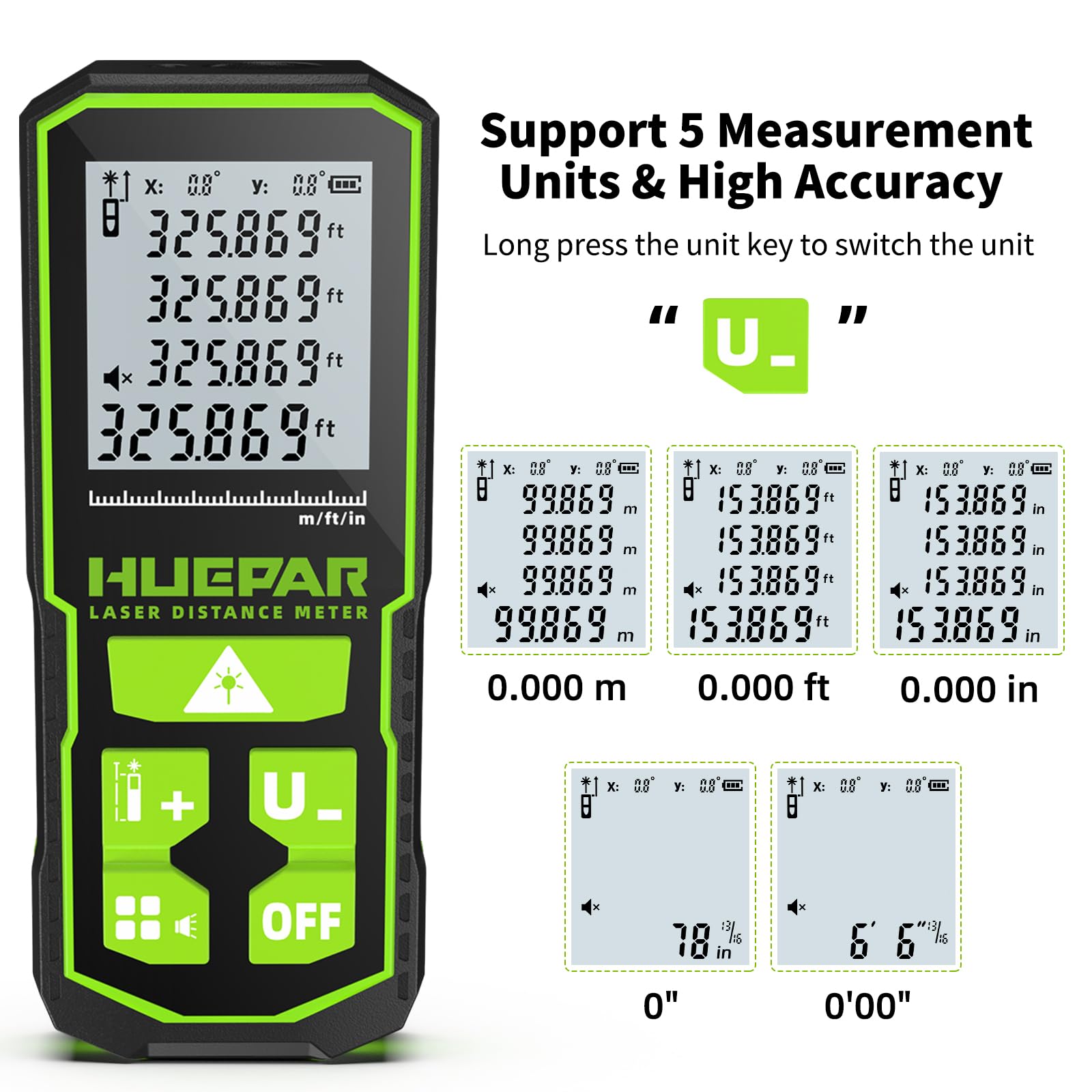 Huepar 330FT Green Laser Measuring Tool with Angle Sensor, ±1/16in (±1.5MM) Accuracy, Rechargeable Digital Laser Room Measuring Device, Laser Distance Measurement, Gifts for Men, Fathers Day Birthday - Medaid International