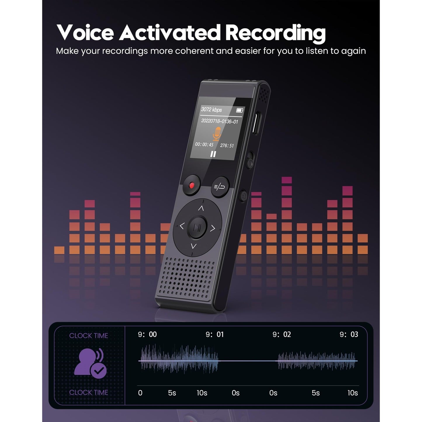 128GB Digital Voice Recorder - 3072 Kbps HD Recording Voice Recorder with Playback Dual Microphone A-B Repeat Recording Monitoring & Noise Reduction Voice Activate Recording & lock screen key - QIUOIO - Medaid International
