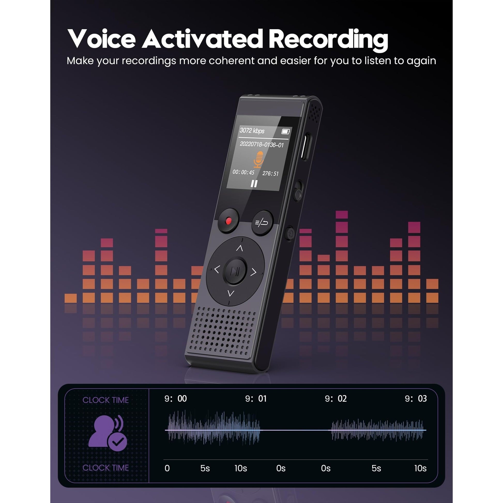 128GB Digital Voice Recorder - 3072 Kbps HD Recording Voice Recorder with Playback Dual Microphone A-B Repeat Recording Monitoring & Noise Reduction Voice Activate Recording & lock screen key - QIUOIO - Medaid International