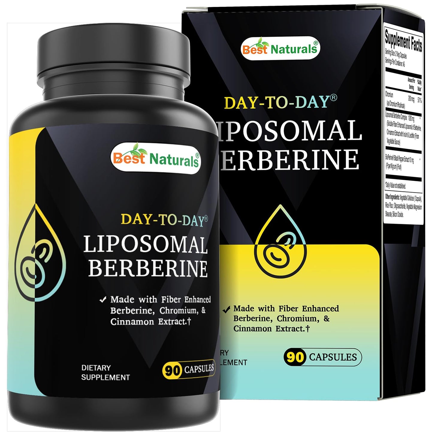 Best Naturals Day to Day Liposomal Berberine 1200 mg with Bioperine 90 Veg Capsules - Made with Fiber Enhanced Chromium, & Cinnamon Extract & Bioperine. - Medaid International