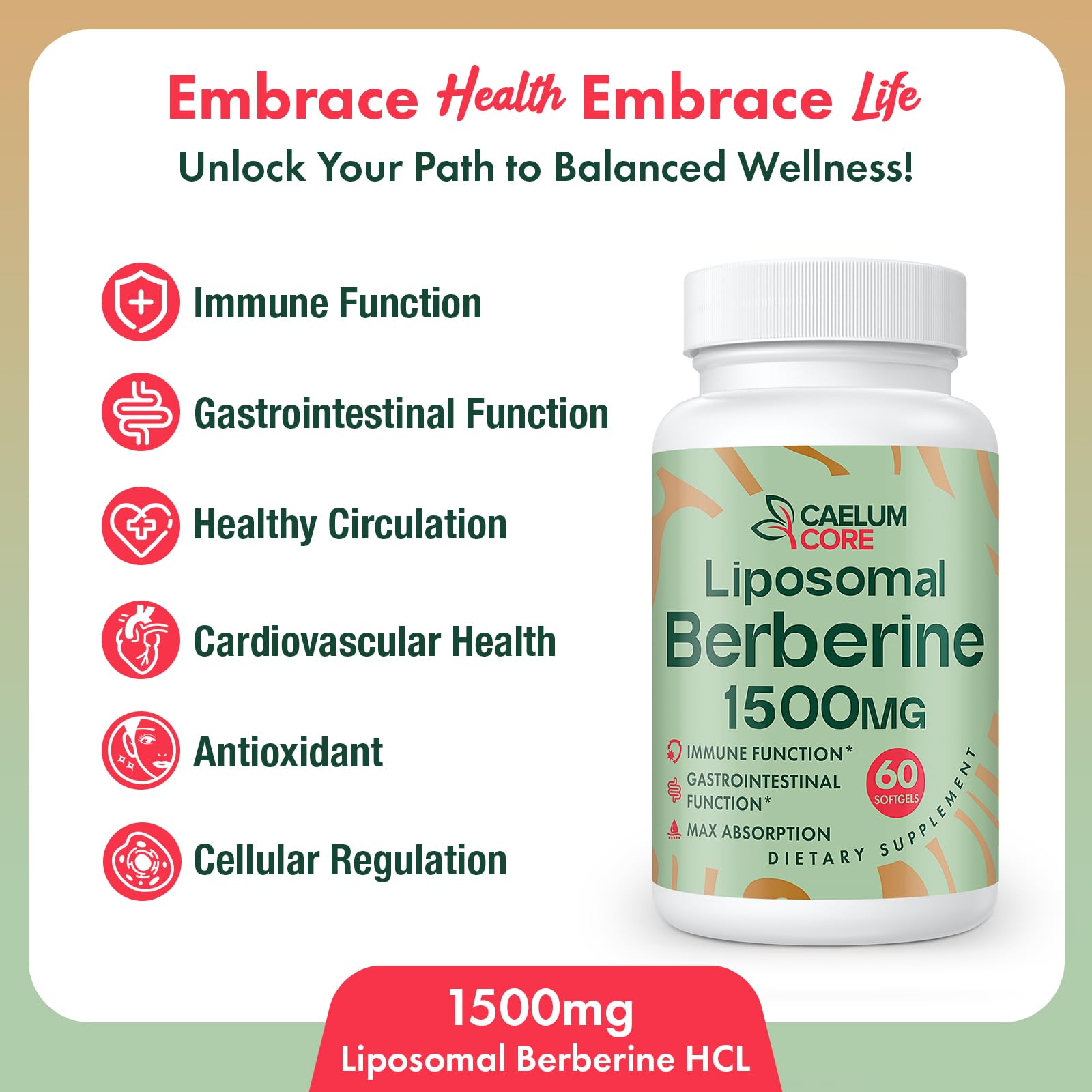CaelumCore Liposomal Berberine HCL - Berberine 1500mg Activates AMPK, High Bioavailability Berberines Supplement for Women and Men, Supports Body Balance - Medaid International