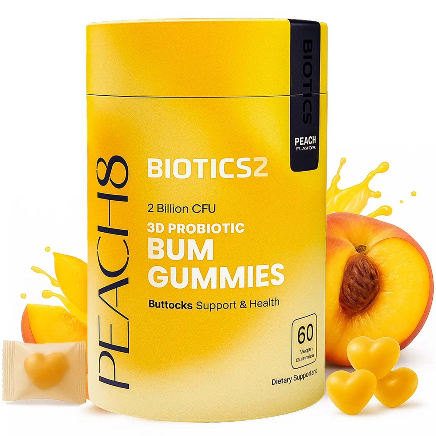 Peach8 Butt Support Women Probiotic Gummies - 60 SugarFree BBL Booty Vitamins C A Gummies, 2B Probiotics, Prebiotics, 4 Herbal Supplements Saw Palmetto, Black Maca, Motherwort for Bum Max Absorption - Medaid International