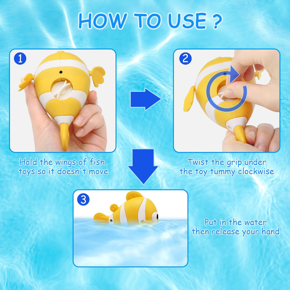 TERRIFI Baby Bath Toys, Wind-Up Paddling Pool Toys for 1-3 Year Olds, Floating Swimming Clownfish, Clockwork Water Toys Game for Kids, Toddler Girls and Boys, Bath Time Shower Gifts