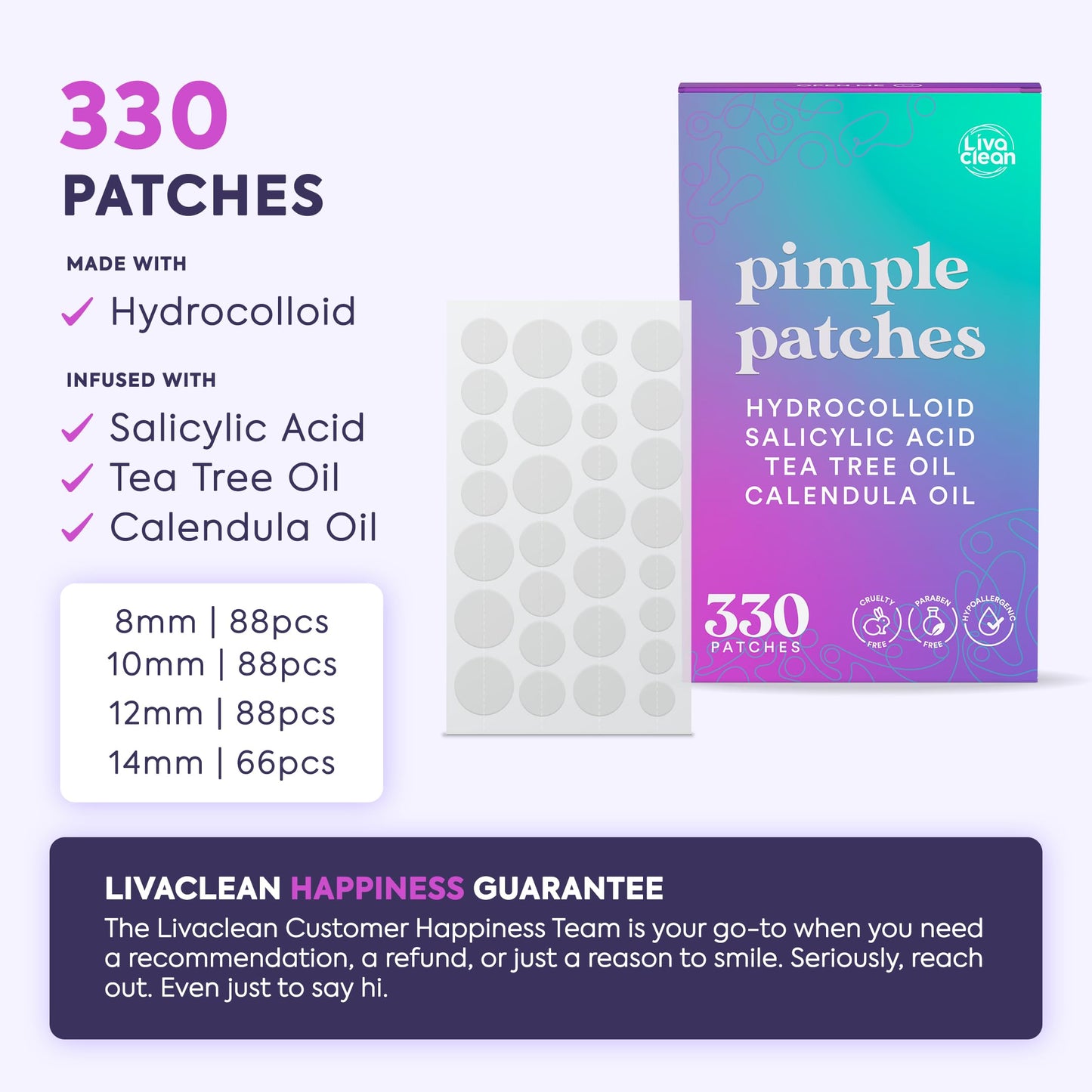 LivaClean 330 CT Pimple Patches for Face w/Salicylic Acid, Tea Tree Oil & Calendula Oil - Four Sizes - Pimple Patch, Hydrocolloid Patch, Acne Patches for Face - Medaid International