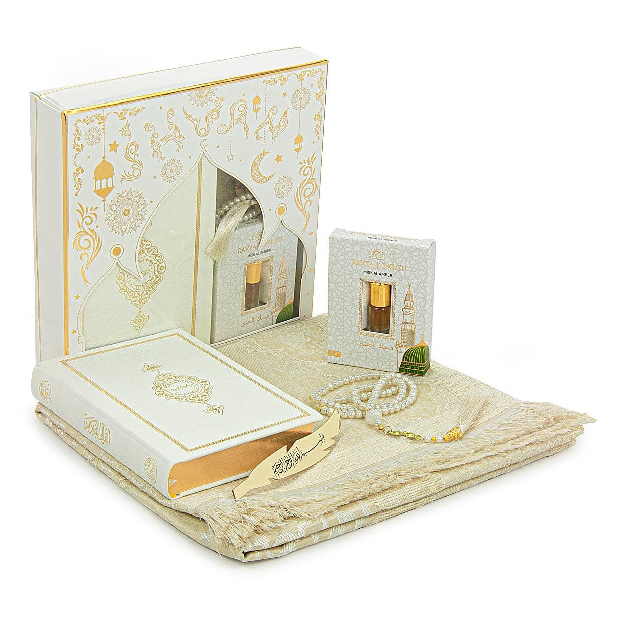 ihvan online Prayer Gift Set for Men & Women, Muslim Prayer Rug, Salah Mat, Beads Taasbih, Arabic Holy Quran, Islamic Gift Set for Ramadan & Eid, White - Medaid International
