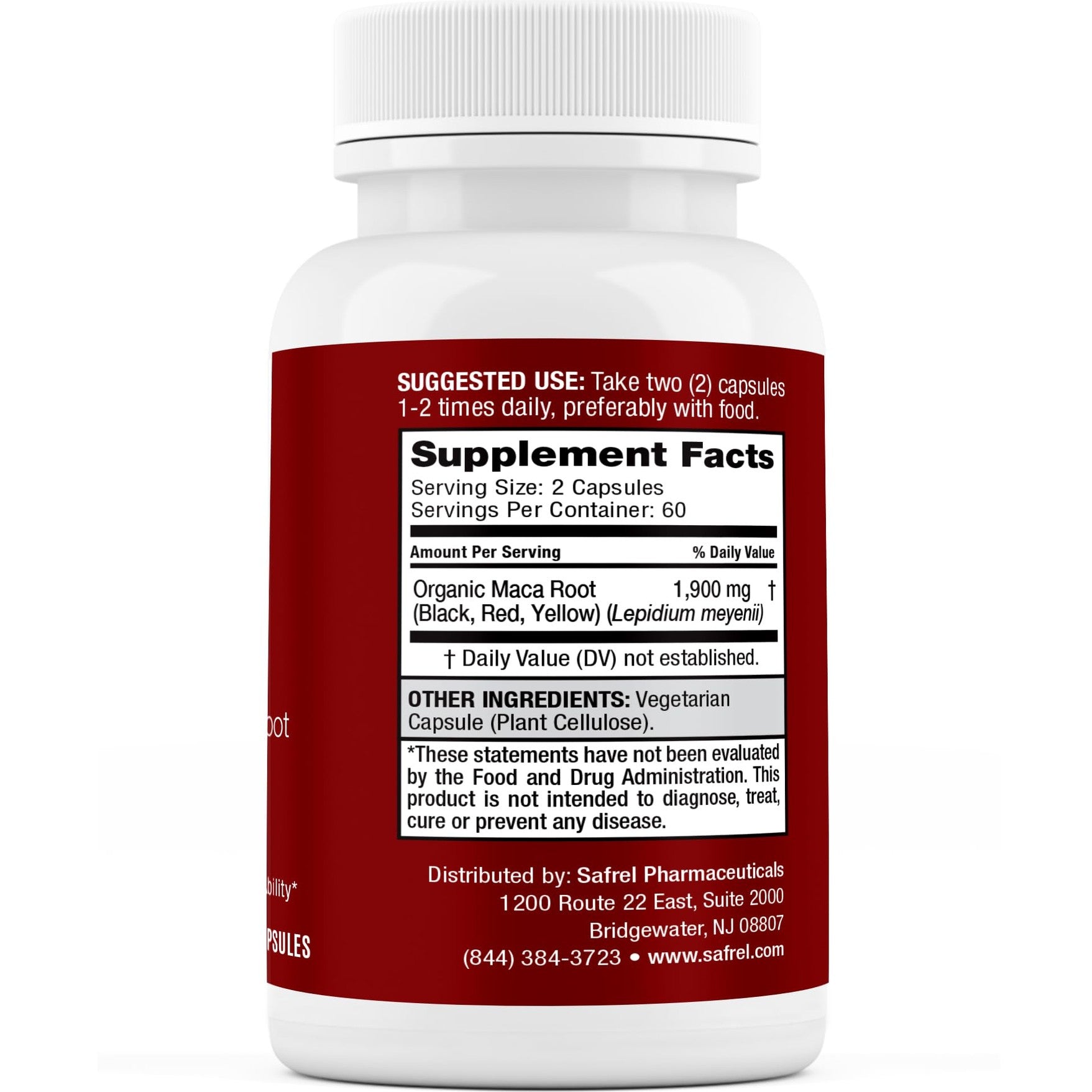 Safrel Organic Maca Root Black, Red, Yellow 1900 MG per Serving - 120 Vegan Capsules Peruvian Maca Root Gelatinized 100% Pure Non-GMO Supports Reproductive Health Natural Energizer - Medaid International