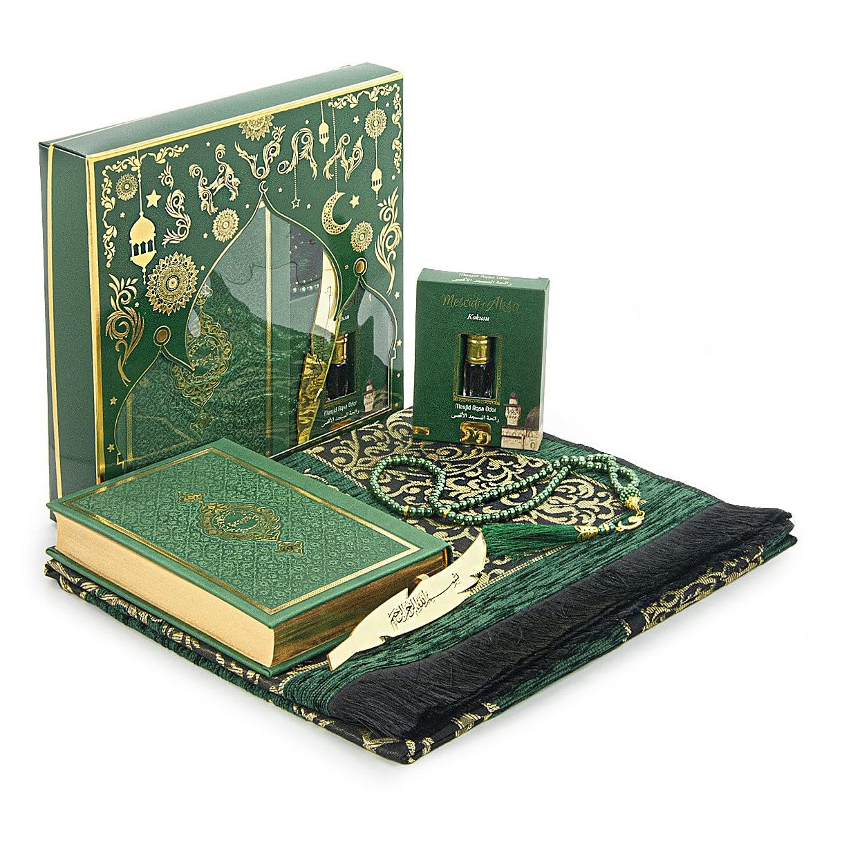 ihvan online Prayer Gift Set for Men & Women, Muslim Prayer Rug, Salah Mat, Beads Taasbih, Arabic Holy Quran, Islamic Gift Set for Ramadan & Eid, Green - Medaid International