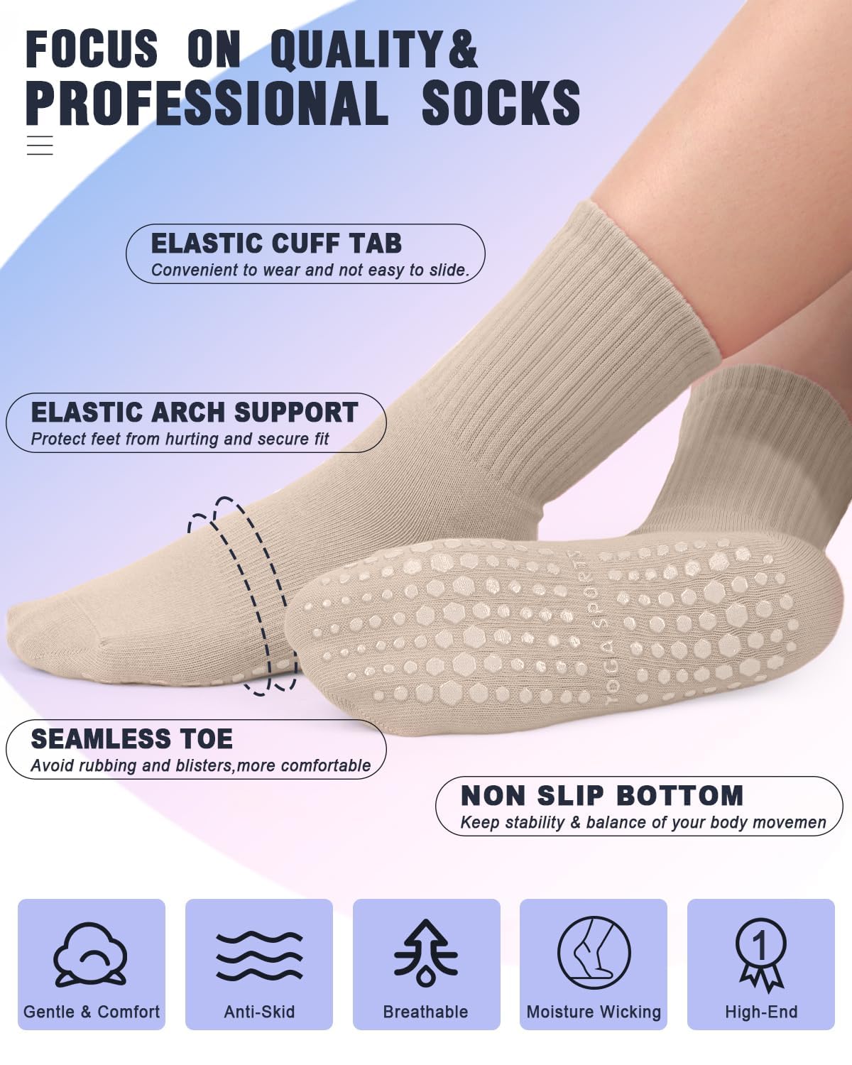 yeuG Non Slip Pilates Socks with Grips for Women, Grip Socks for Yoga Ballet Barefoot Workout Anti Skid Athletic Socks - Medaid International