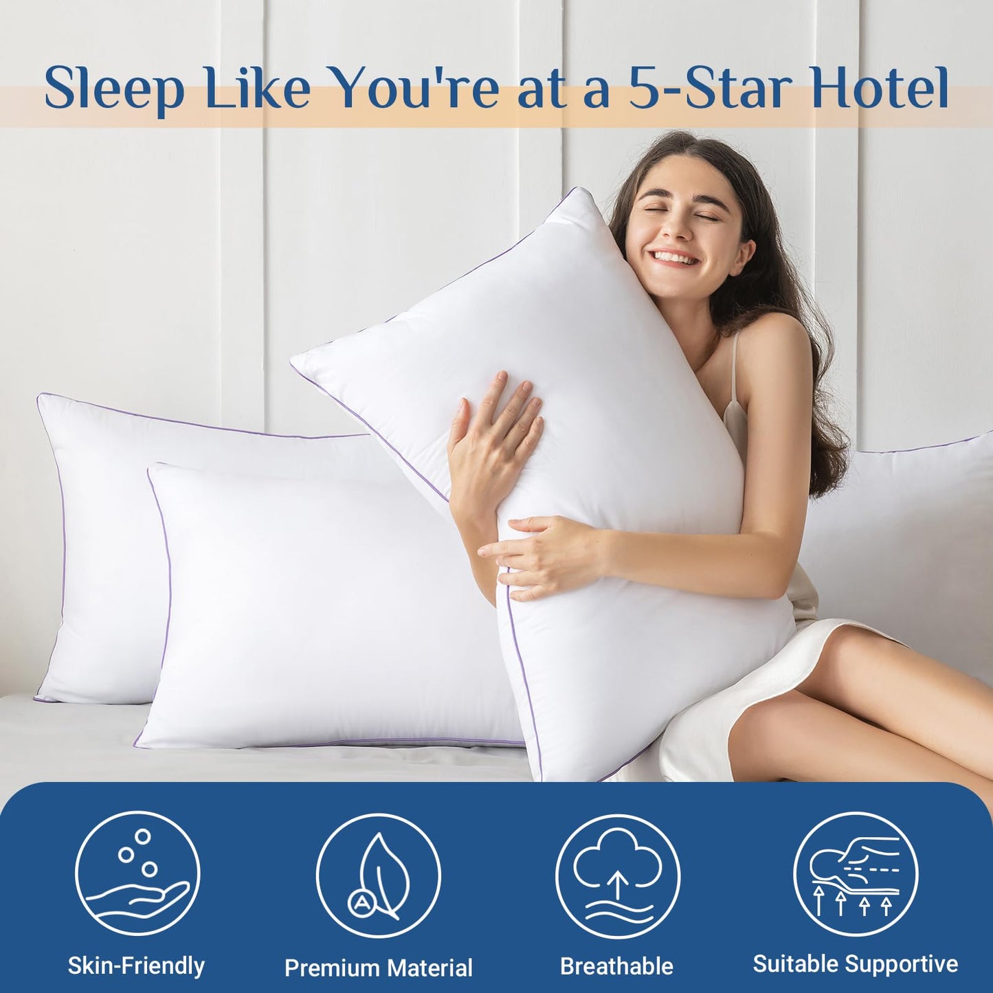JOLLYVOGUE Pillows Queen Size Set of 2, Medium Supportive Bed Pillows with Super Soft Down Alternative Fill, Luxury Fluffy Hotel Quality for Side, Back, and Stomach Sleepers - Medaid International