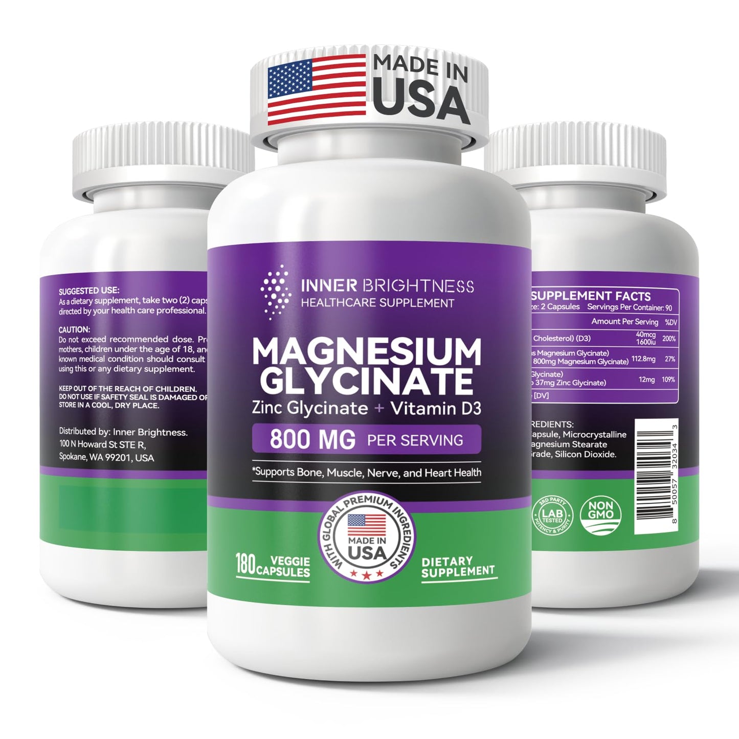 Magnesium Glycinate - Magnesium Supplement with Zinc & Vitamin D3 for Sleep, Immune, Bone & Muscle Support and Heart Health - Non-GMO, Gluten-Free, Gentle on Stomach - 180 Vegetarian Capsules - Medaid International