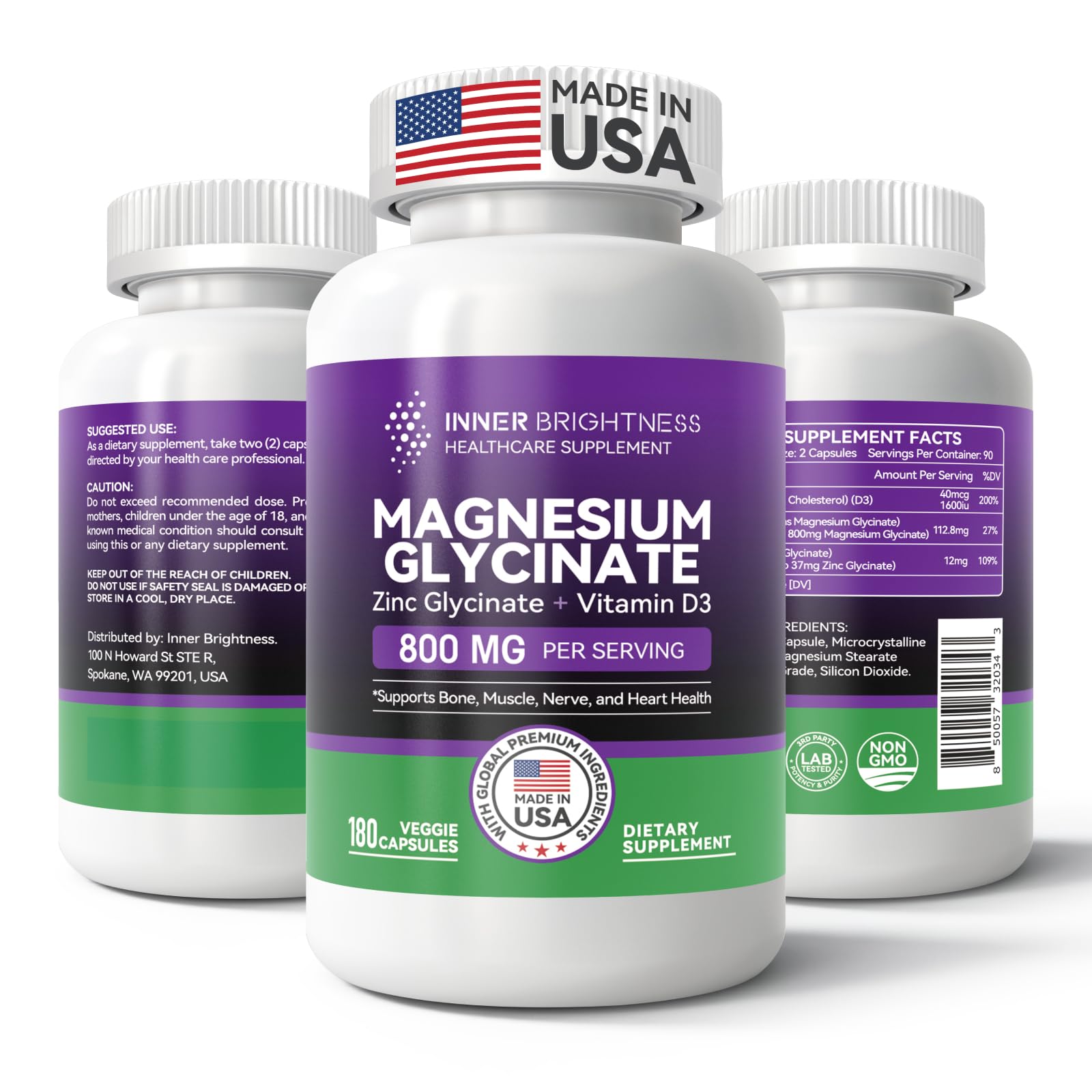 Magnesium Glycinate - Magnesium Supplement with Zinc & Vitamin D3 for Sleep, Immune, Bone & Muscle Support and Heart Health - Non-GMO, Gluten-Free, Gentle on Stomach - 180 Vegetarian Capsules - Medaid International