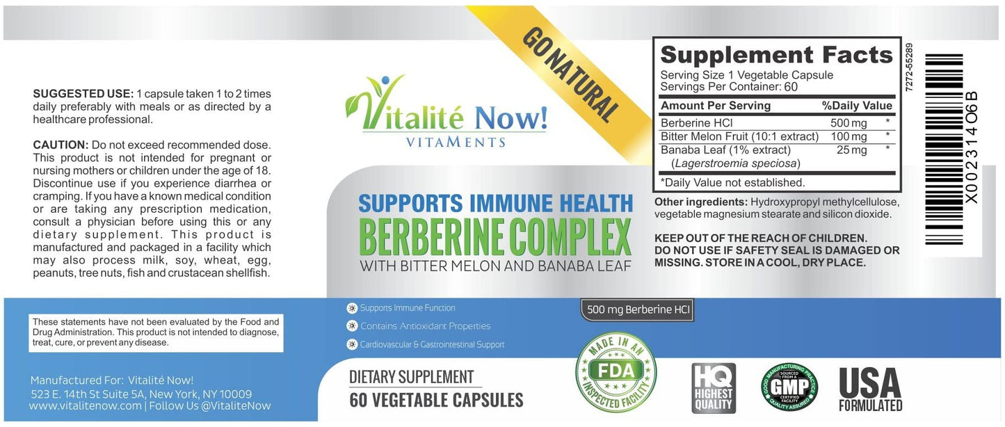 Vitalité Now! High Strength Berberine 500mg + Bitter Melon & Banaba - Immune System Health - Cardiovascular & Gastrointestinal Support - 60 Vegetarian Capsules - Medaid International
