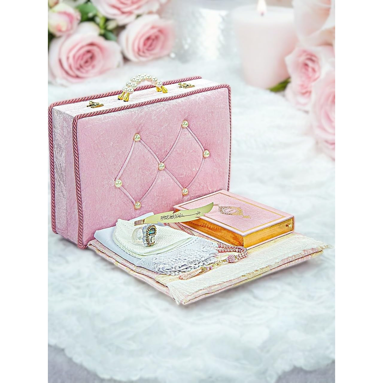 ihvan online Muslim Prayer Rug Set, Islamic Dowry Gift Box for Men & Women, Shawl, Kufi Hat, Digital Beads Counter, Quran Gift, Elegant Islamic Gifts Set for Ramadan & Eid & Wedding, Pink - Medaid International