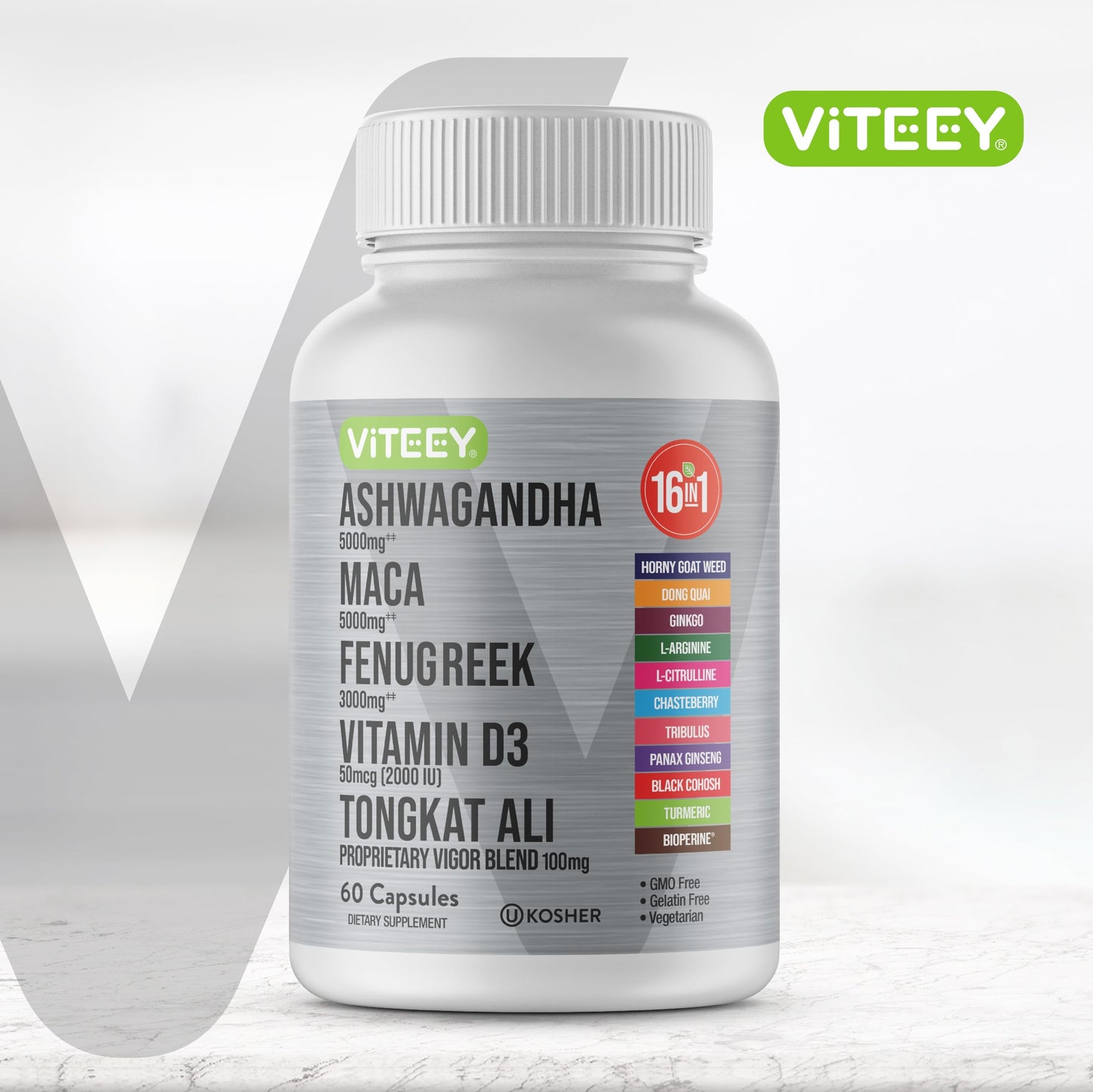 Viteey Ashwagandha Maca Fenugreek Supplement with Tongkat Ali – Drive, Passion & Energy Support for Men & Women – Mood, Calm & Stress Support - 60 Capsules - Medaid International