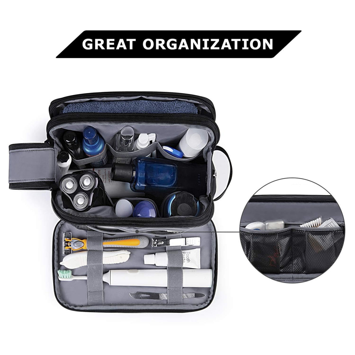 KASTWAVE Toiletry Bag for Men, Travel Toiletry Organizer with Dopp Kit, Water-resistant Large Shaving Bag Organizer, for Toiletries Accessories (Black)
