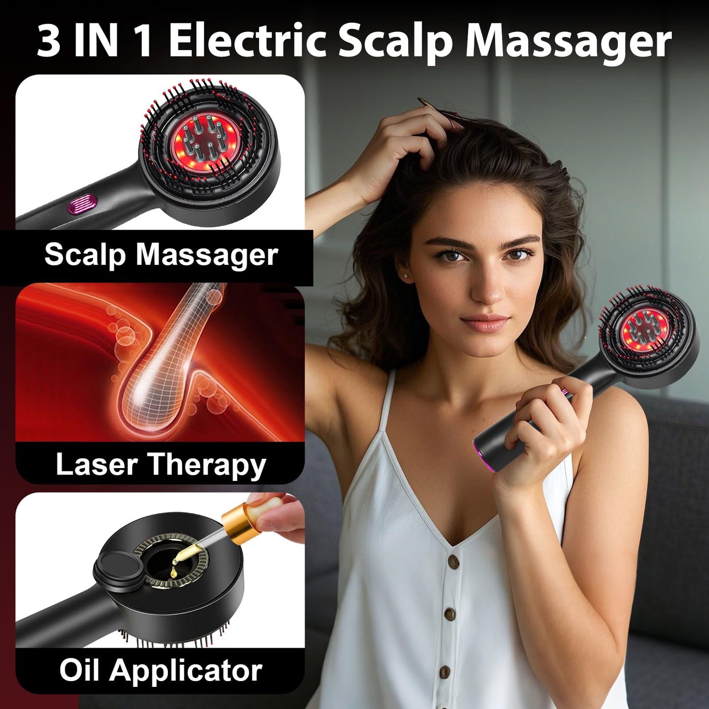 MERNUNUX Laser Therapy Hair Growth Comb, 3 in 1 Hair Oil Applicator for Hair Care, 360° Electric Scalp Massager, Stimulates Hair Regrowth for Men & Women, IPX7 Waterproof - Medaid International