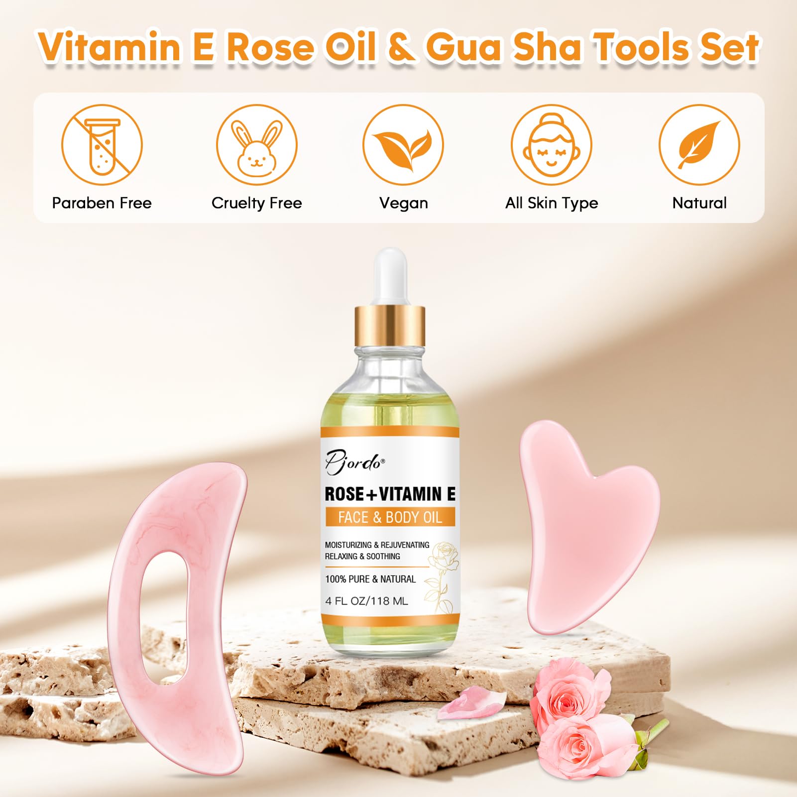 Pjordo Vitamin E Rose Oil & Gua Sha Massage Tools Set, Gua Sha Oil for Face & Body, Organic Vitamin E Oil for Moisturizing and Hydrating, Anti Aging, Spa Gifts for Him Her - Medaid International