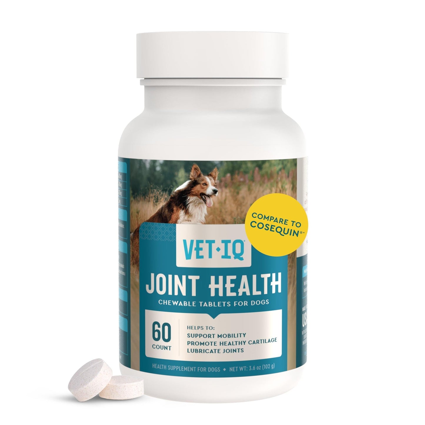 VetIQ Hip & Joint Health Supplement for Dogs, with Glucosamine, Chondroitin & MSM, Chewable Tablets for Dogs, Chicken Flavor, 60 Count