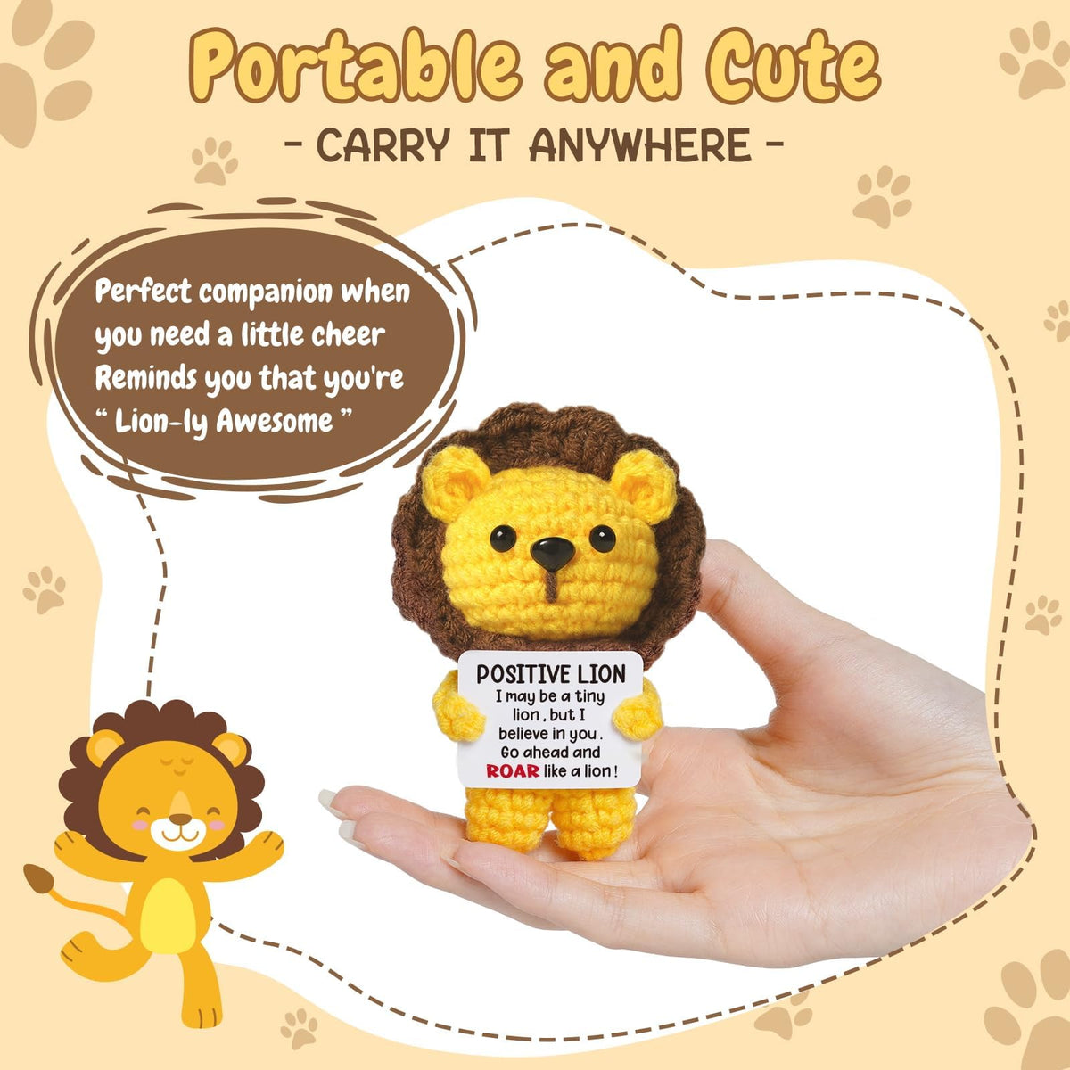 KASTWAVE Mini Positive Crochet Lion Doll, Handmade Emotional Support Crochet Inspirational Cheer Up Gifts, Inspirational Birthday Gift for Girlfriend Gifts, Coworker, Employee, Boss Gift