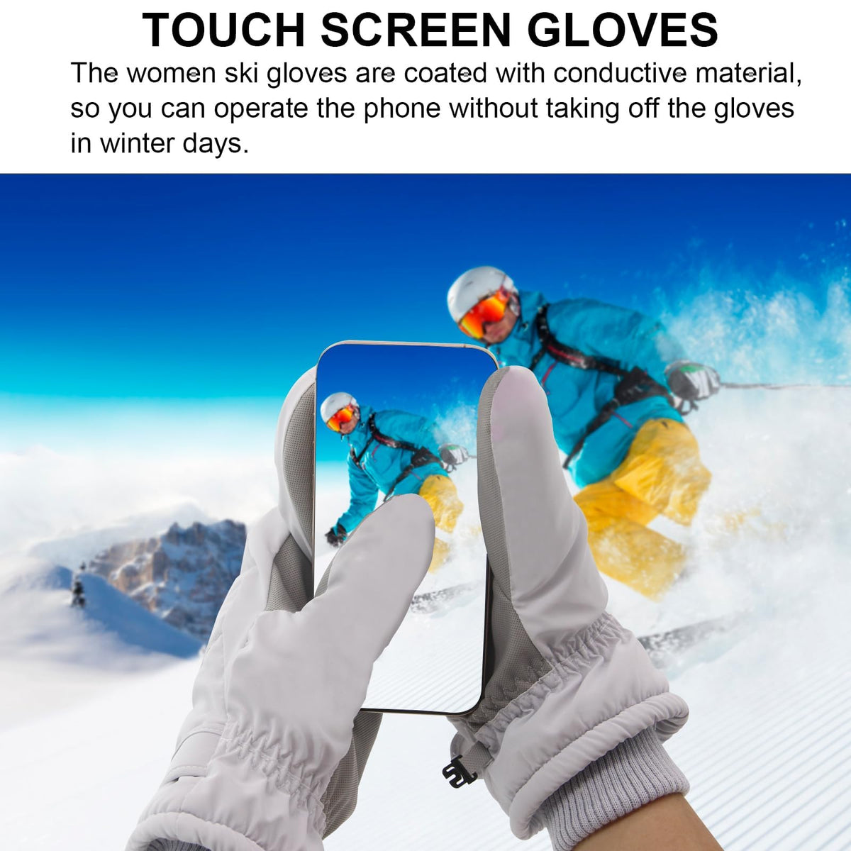 Winter Women’s Ski Mittens, Waterproof Touchscreen Snow Mitts, Anti-Slip Warm Windproof Gloves for Skiing, Snowboarding, Hiking, Cycling and Outdoor Activities