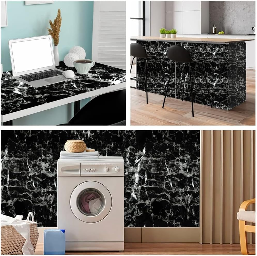 Arthome Black Marble Contact Paper, Peel and Stick Black Paper, Self Adhesive Wallpaper (Black Sliver, 15.7"x120") - Medaid International