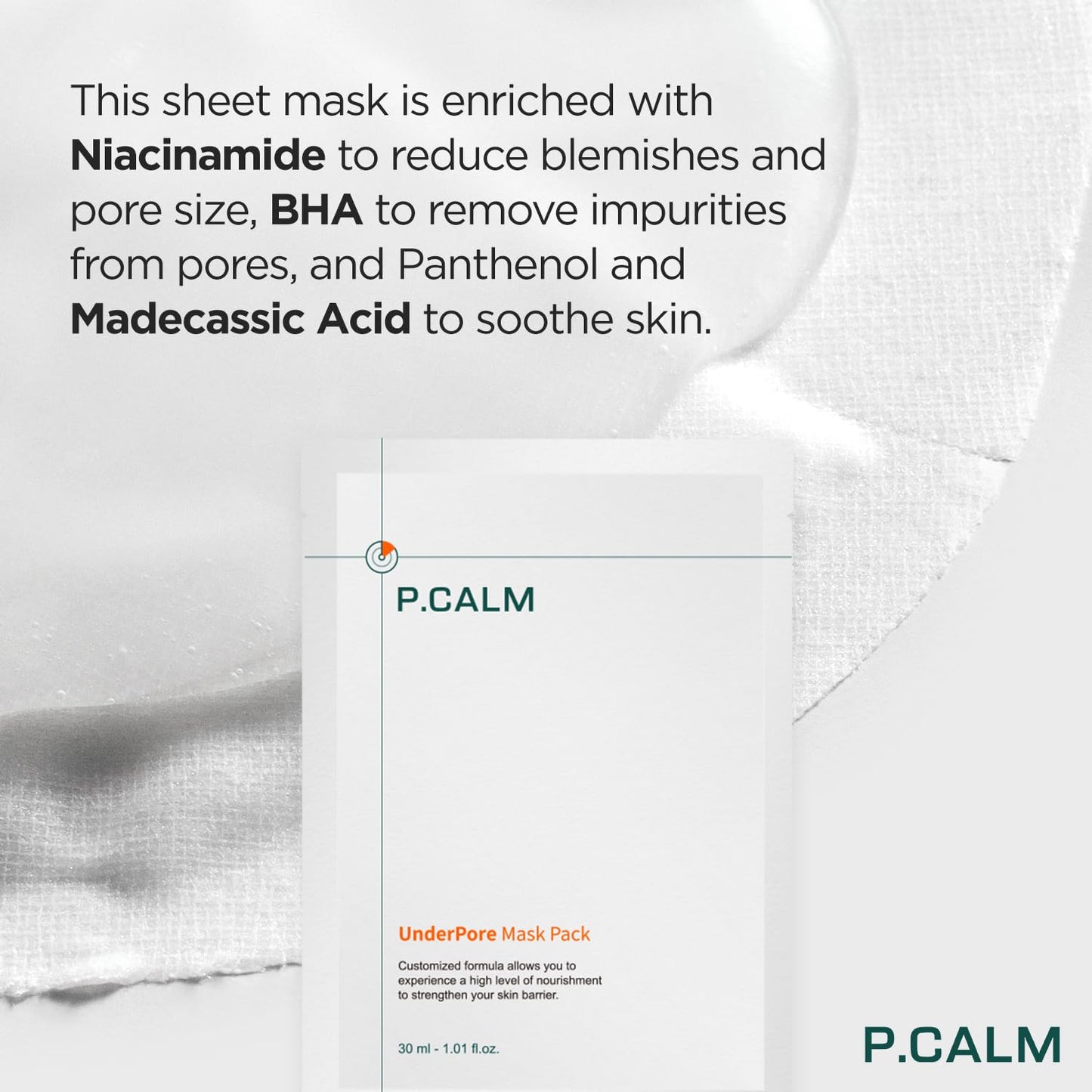 P.CALM Underpore Facial Sheet Mask – Pack of 5 with Niacinamide & BHA for Moisturizing & Exfoliating, Korean Vegan Sheet Mask for Sensitive Skin (30ml x 5ea) - Medaid International