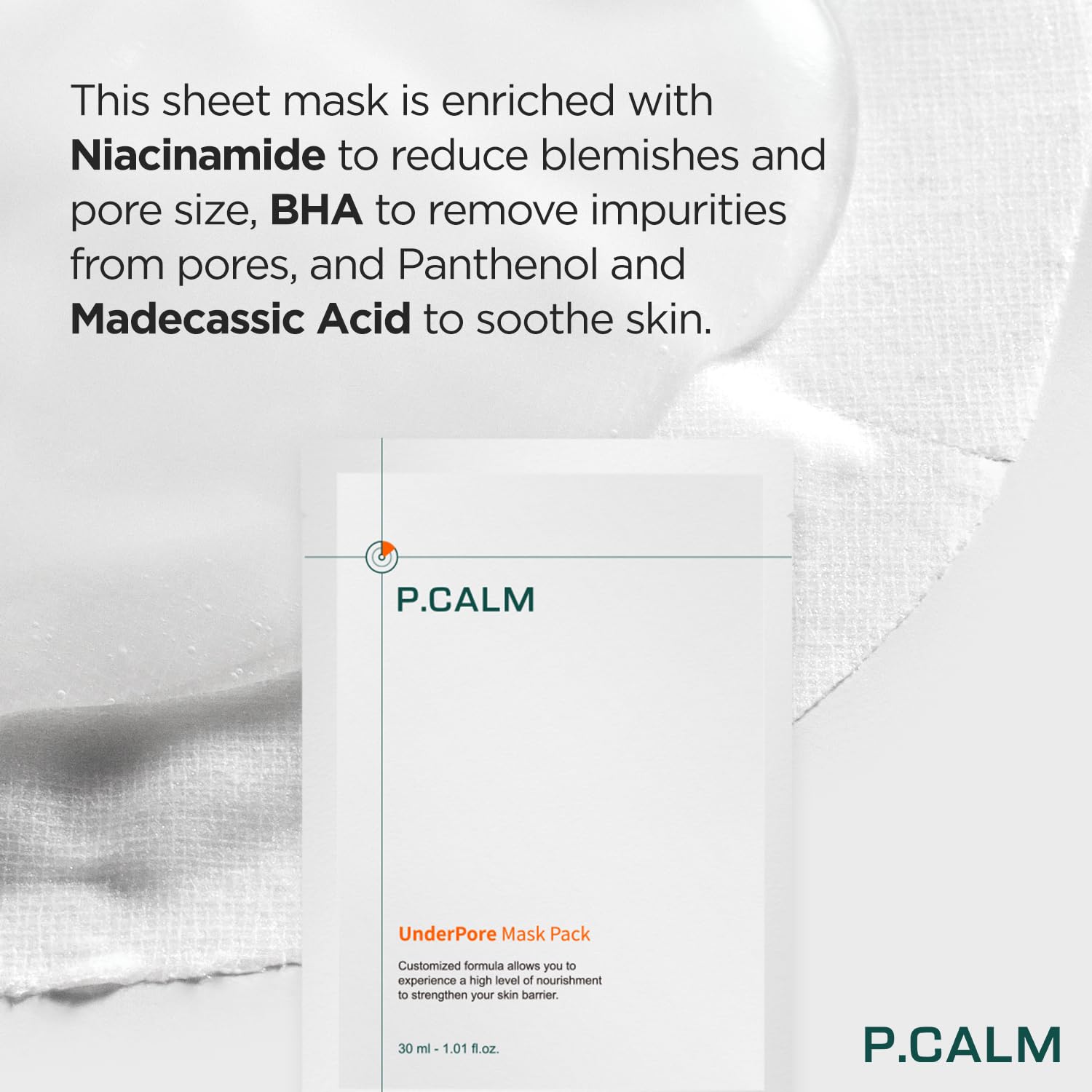 P.CALM Underpore Facial Sheet Mask – Pack of 5 with Niacinamide & BHA for Moisturizing & Exfoliating, Korean Vegan Sheet Mask for Sensitive Skin (30ml x 5ea) - Medaid International