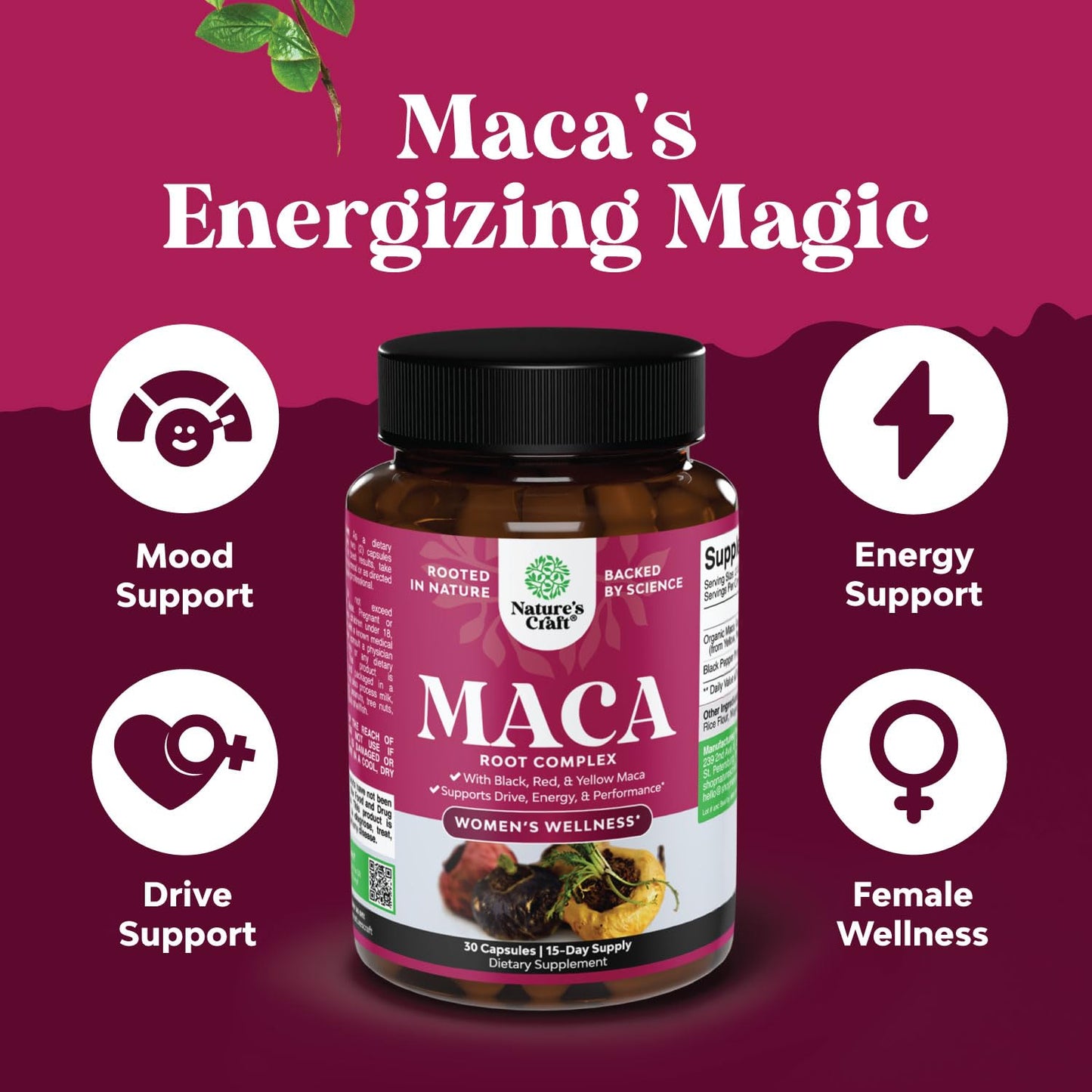 Organic Maca Root Capsules for Women - Potent Herbal Supplement with Female Enhancing Blend of Red Yellow & Black Maca Root - Non-GMO Certified Vegan and Gluten-Free with No Artificial Colors 30 Caps - Medaid International
