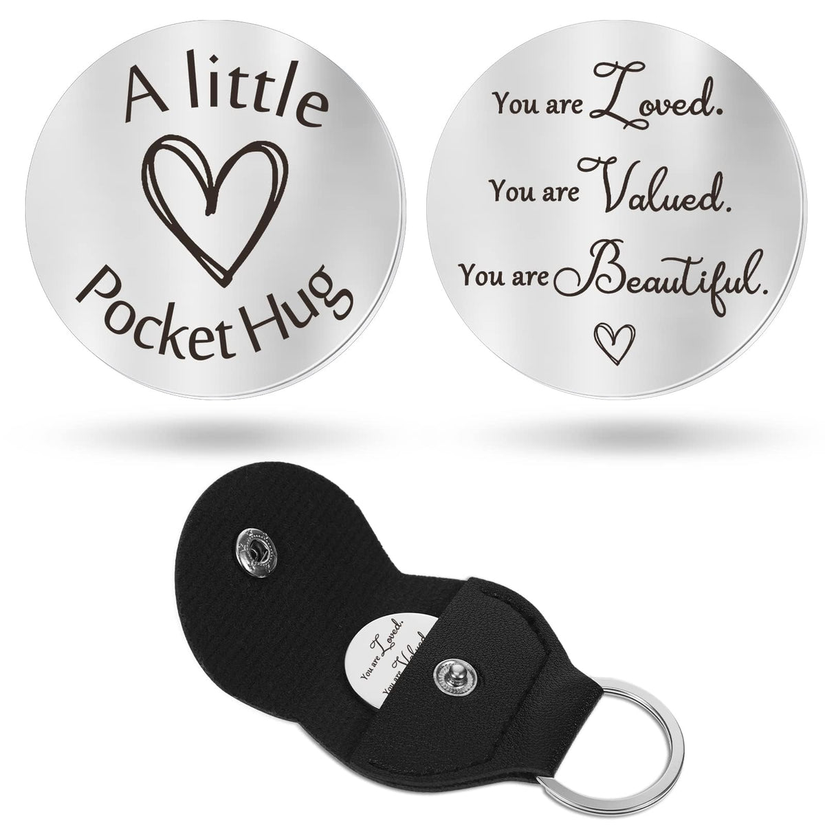 TERRIFI Pocket Hug Token Keychain - Long Distance Relationship Keepsake Stainless Steel Double Sided Inspirational Giftwith PU Leather Keychain