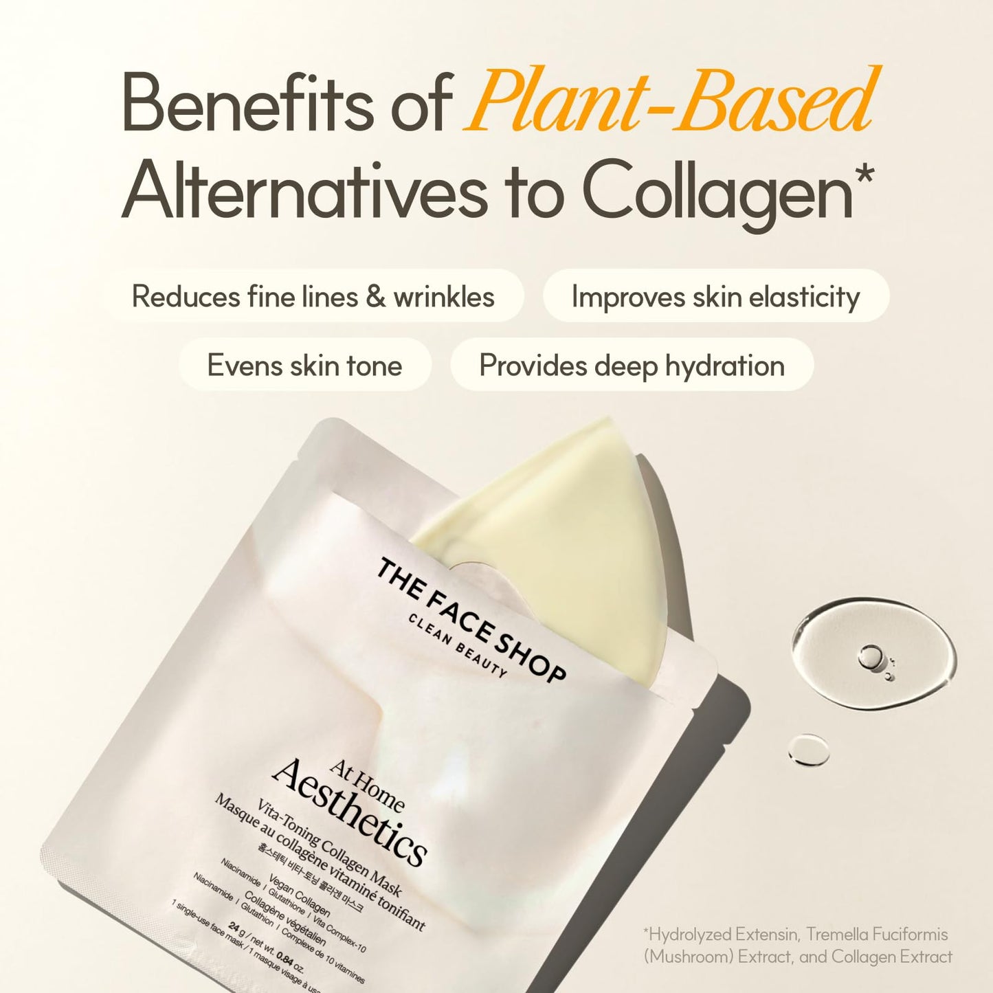 THE FACE SHOP Vita-Toning Vegan Collagen Face Mask, Korean Glass Skin Essential, Hydrogel Mask for Moisturizing & Skin Elasticity, Improves Uneven Tone, 4EA - Medaid International