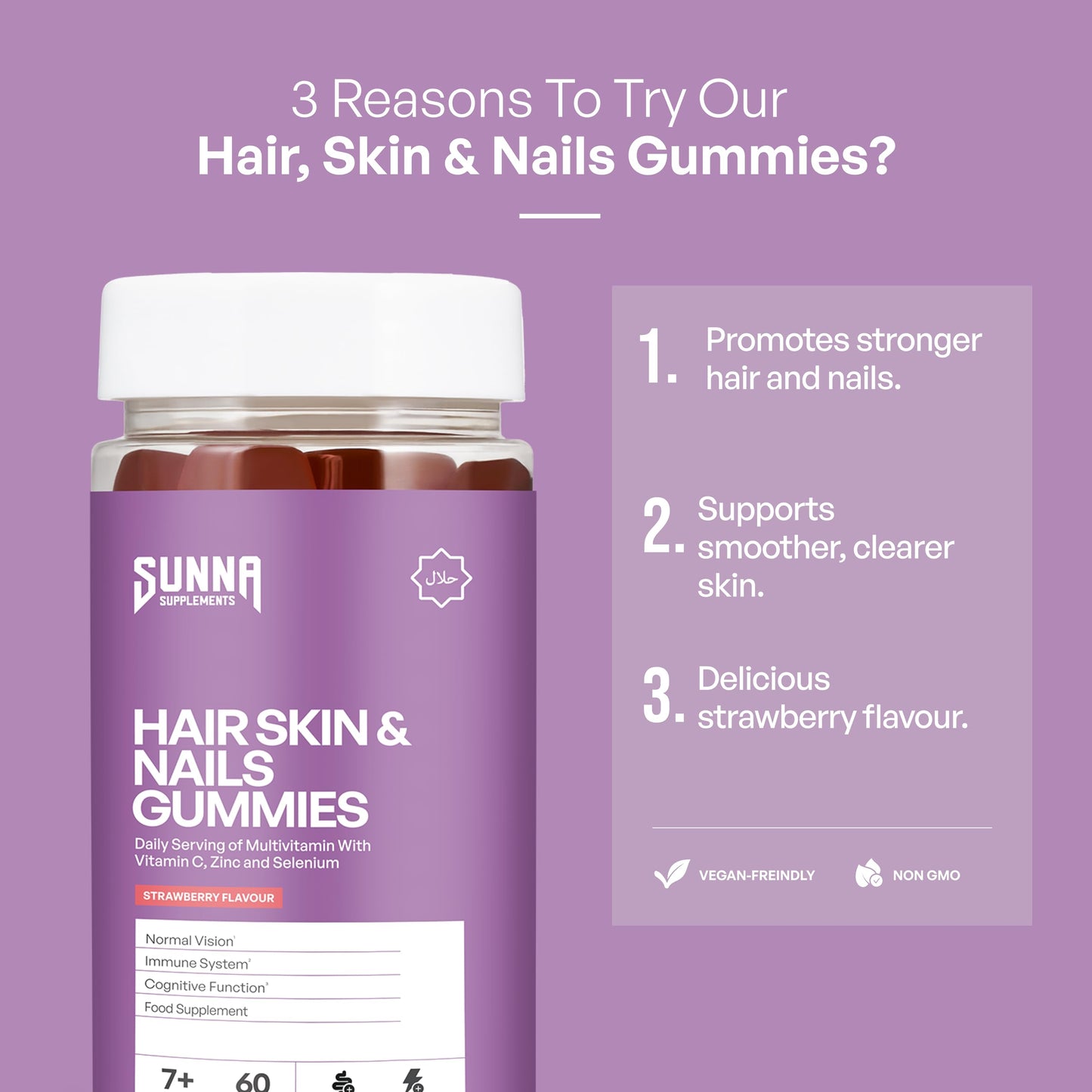 SUNNA SUPPLEMENTS Halal Hair, Skin & Nails Gummies – Biotin, Zinc & multivitamins Gummies for Hair Growth, Strong Nails & Radiant Skin – Gelatin-Free, Vegan Hair Vitamins for Women & Men – 60 Gummies - Medaid International